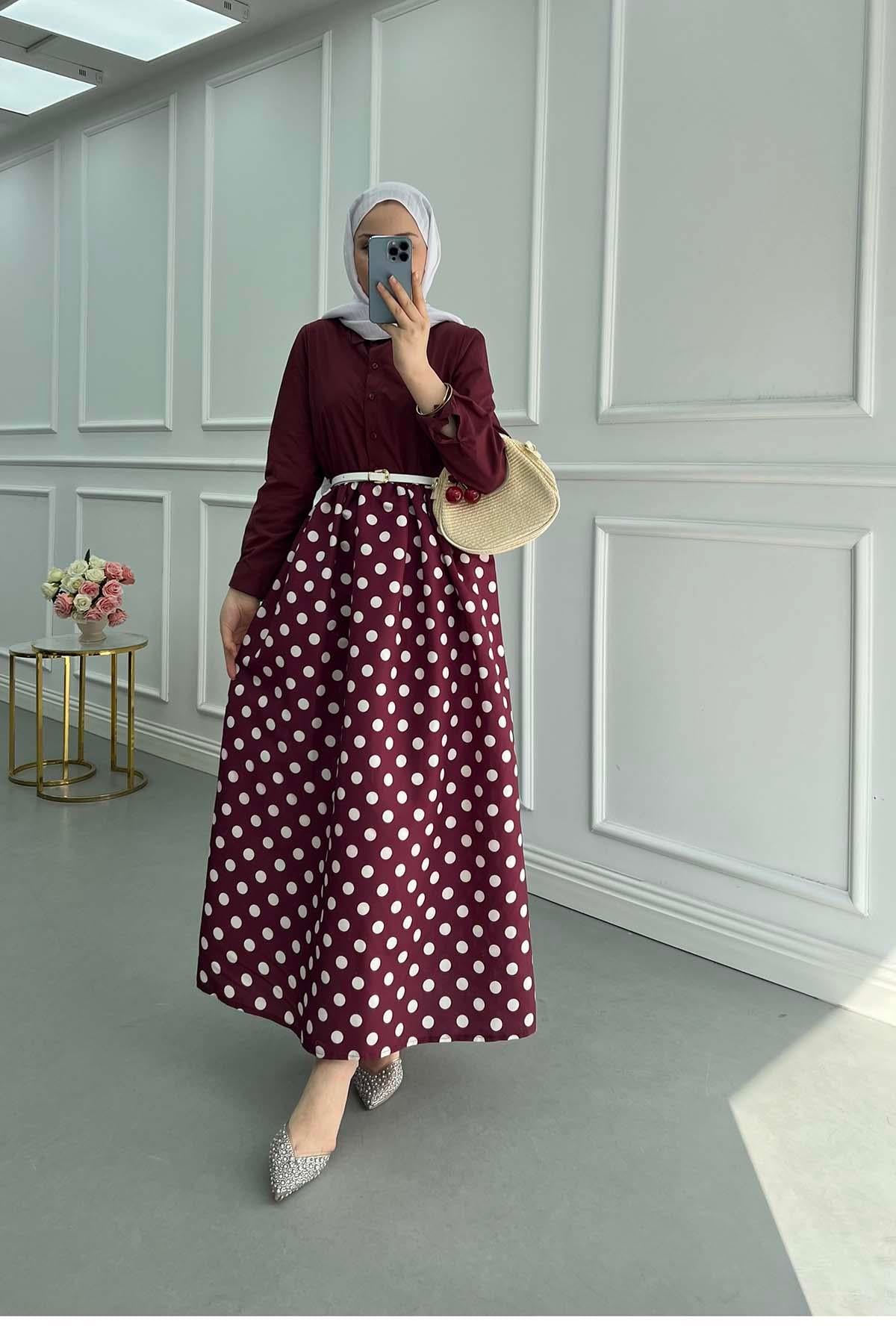 Puantiyeli Kemerli Retro Elbise Bordo