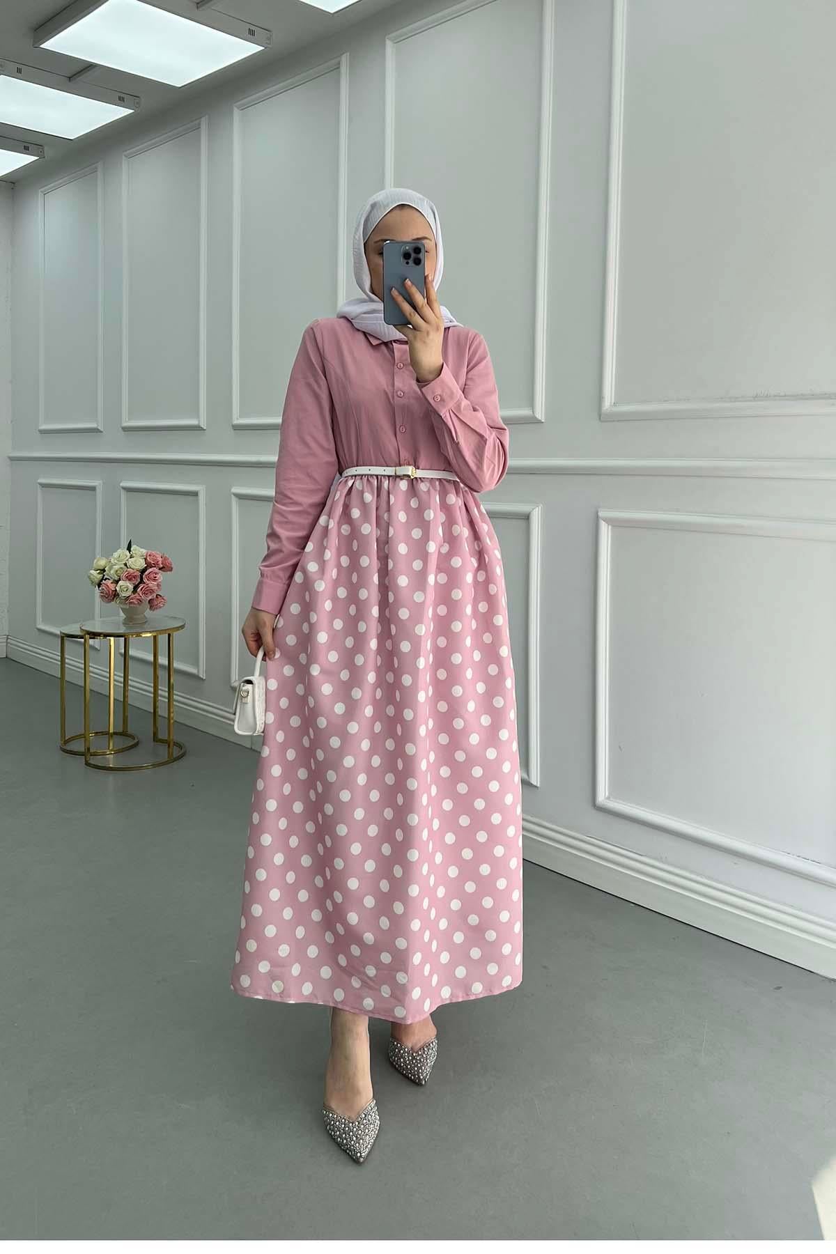 Puantiyeli Kemerli Retro Elbise Pembe