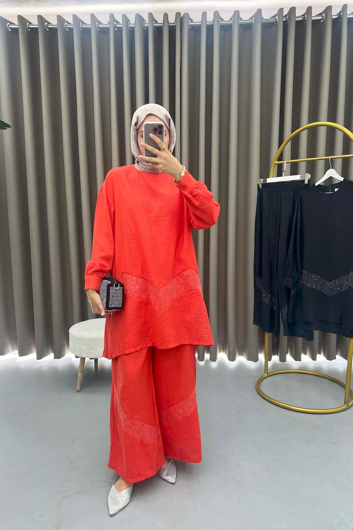 Pul Detaylı Tunik Takım Kırmızı