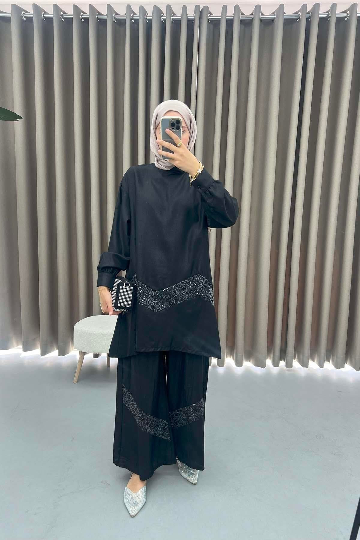 Pul Detaylı Tunik Takım Siyah
