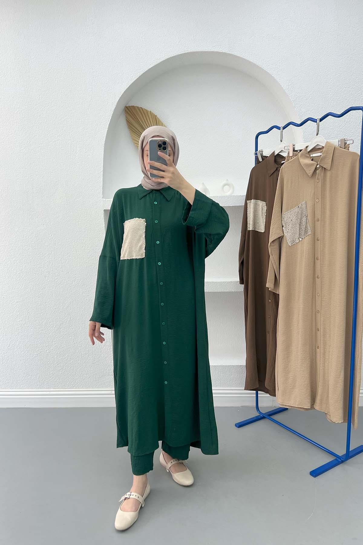 Pullu Tunik Takım Zümrüt Yeşili