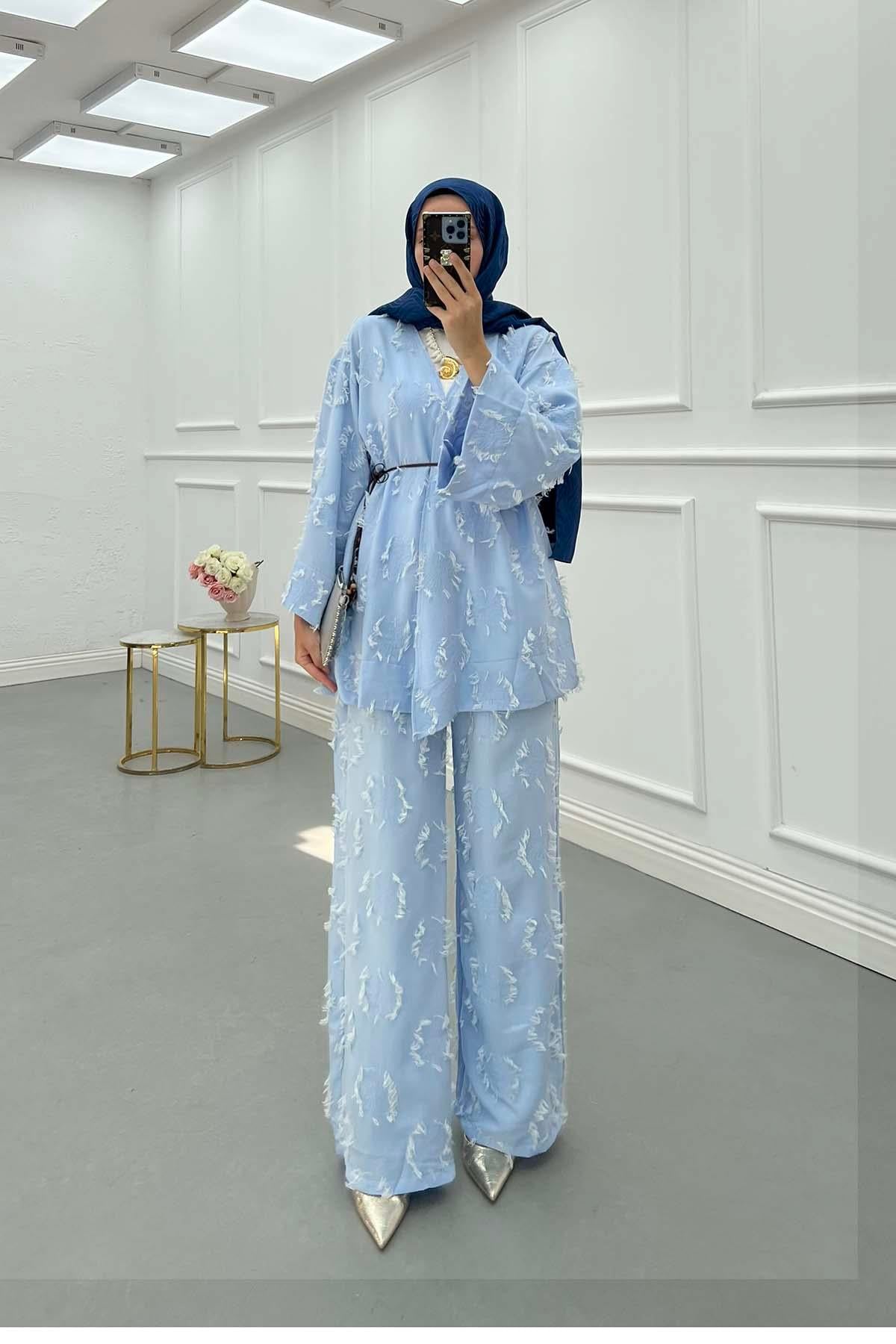 Püskül Detay Kimono Takım Bebe Mavi