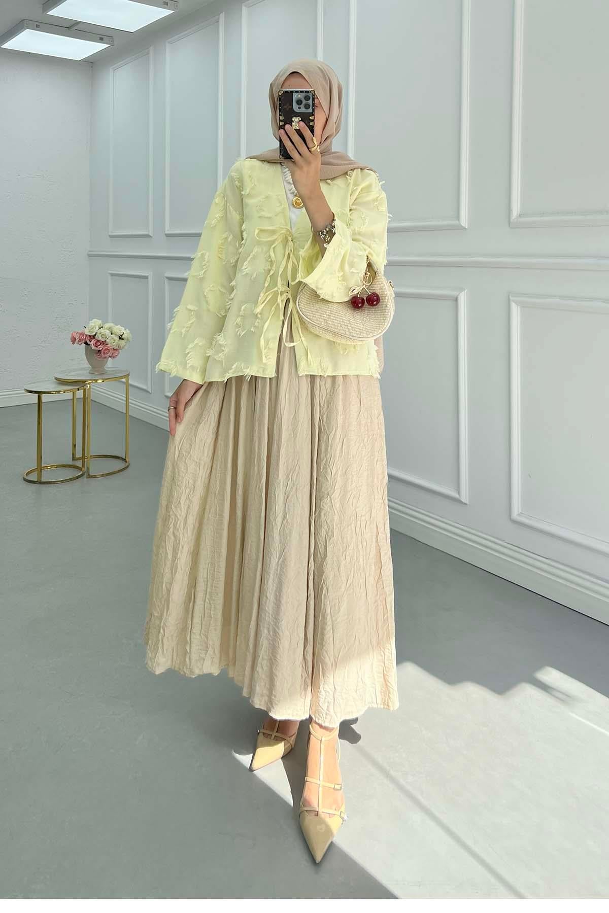 Püsküllü Bağlamalı Kimono Yağ Sarısı