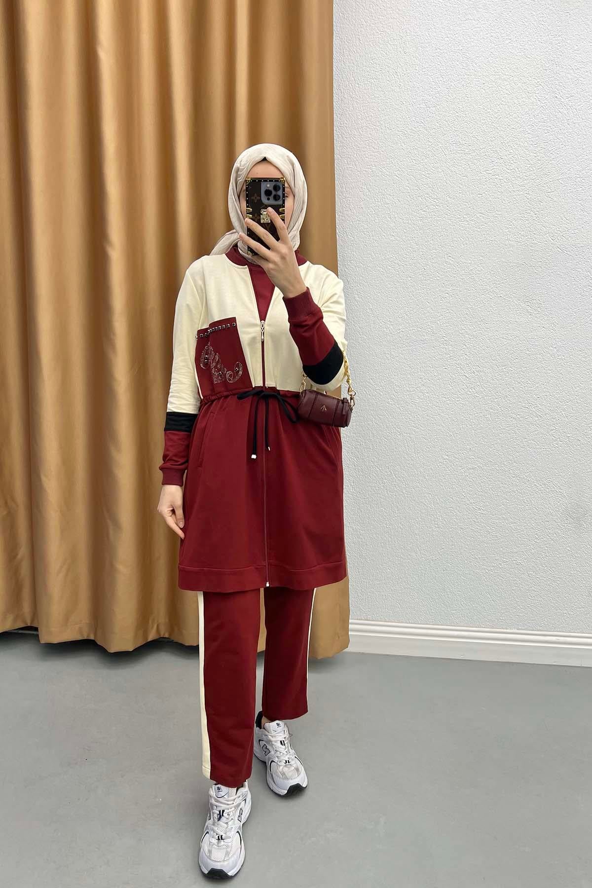 Renk Bloklu Üçlü Takım Bordo