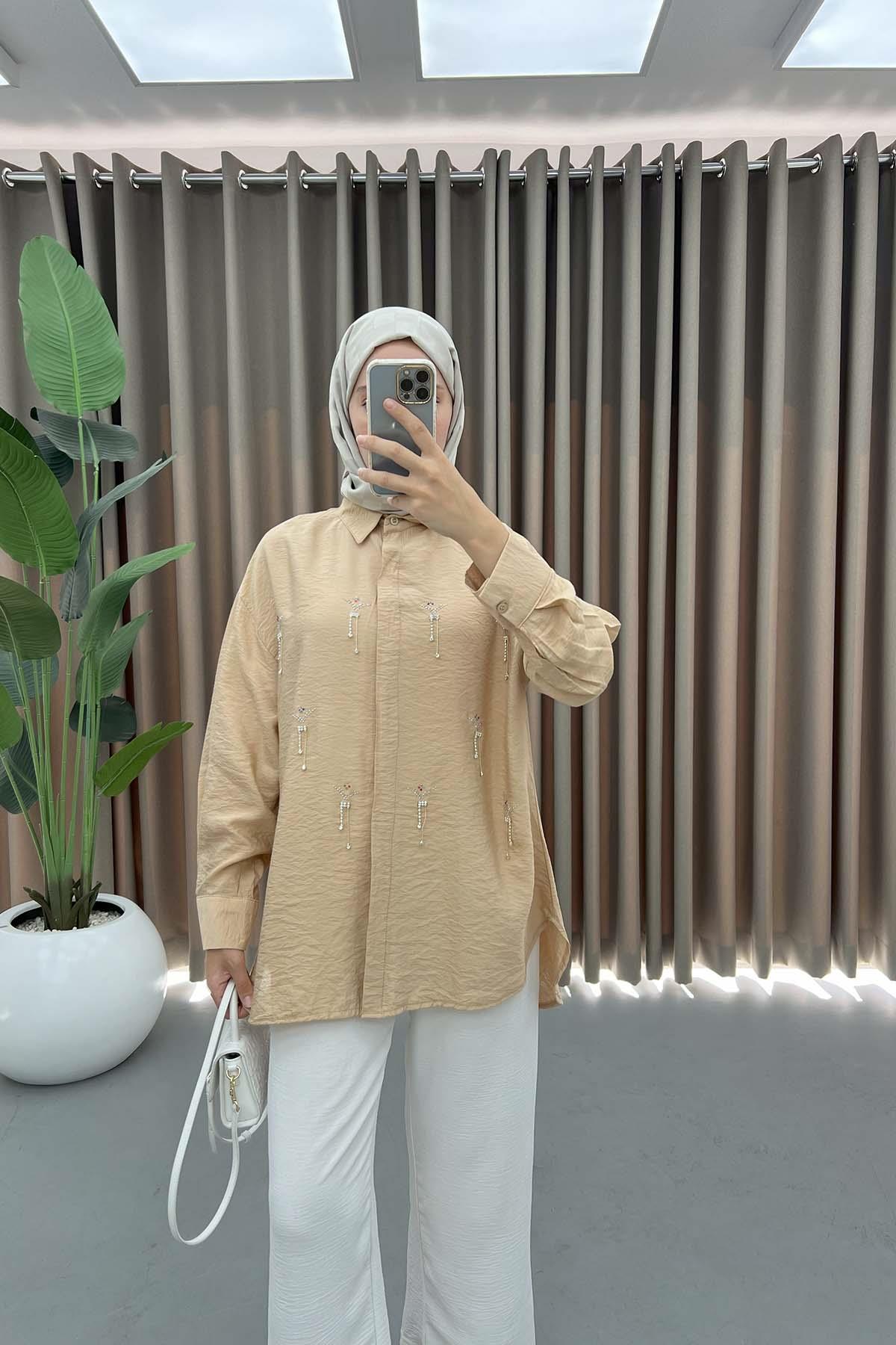 Renkli Taşlı Gömlek Camel