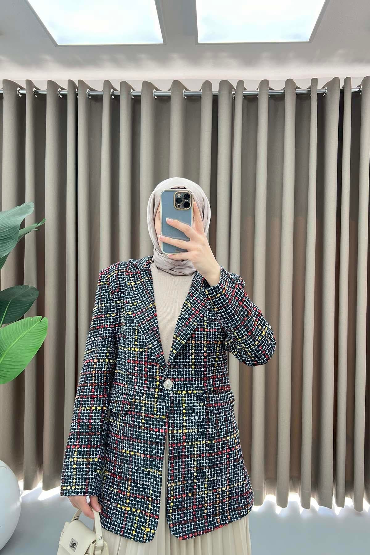 Renkli Tüvit Ceket Siyah