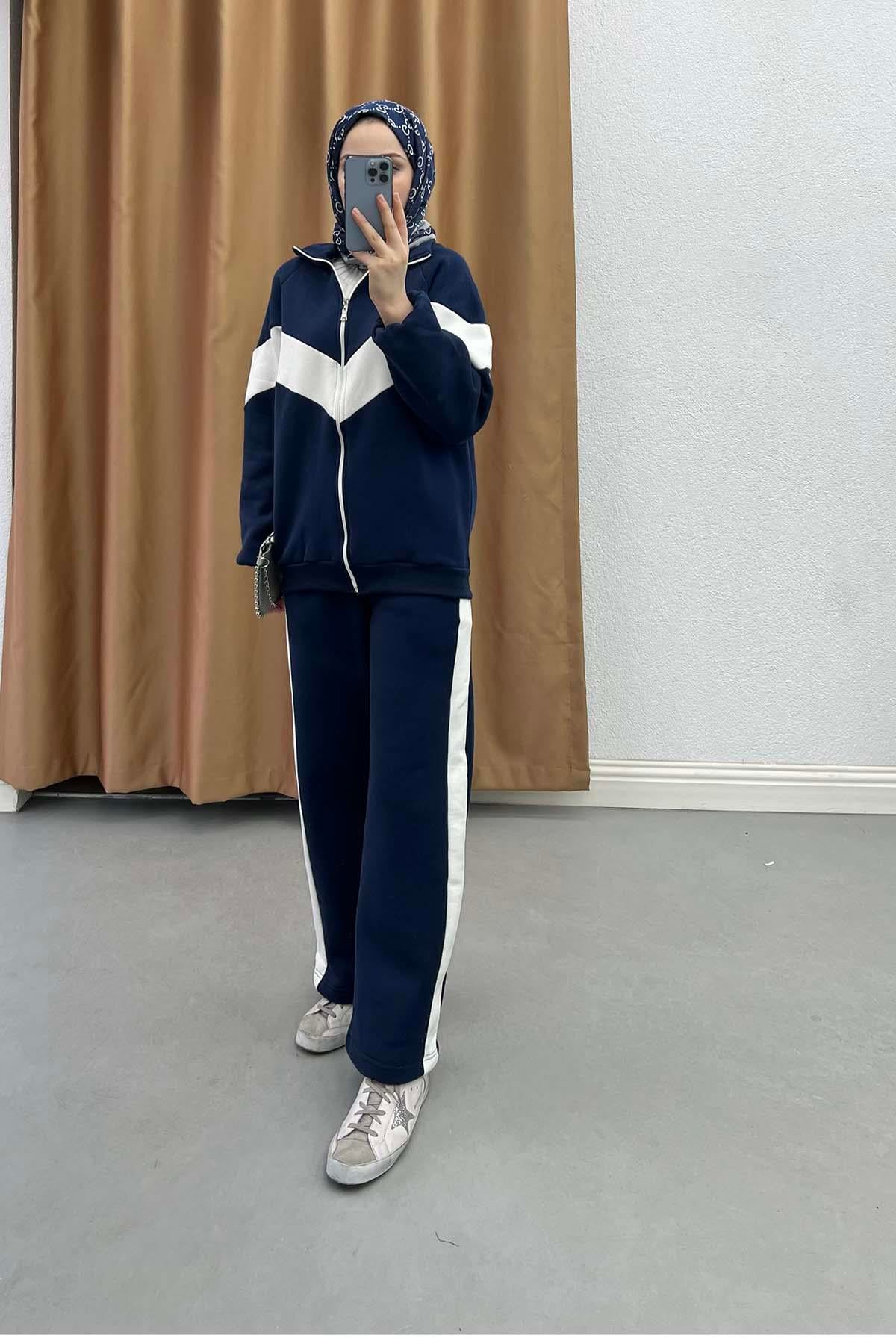 Retro Şeritli Fermuarlı Üç İplik Basic Takım Lacivert