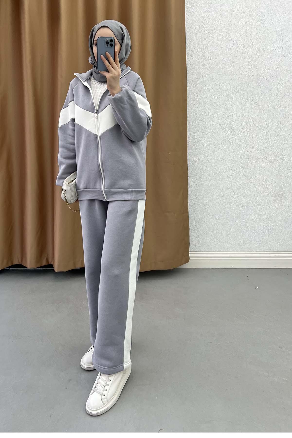 Retro Şeritli Fermuarlı Üç İplik Basic Takım Gri