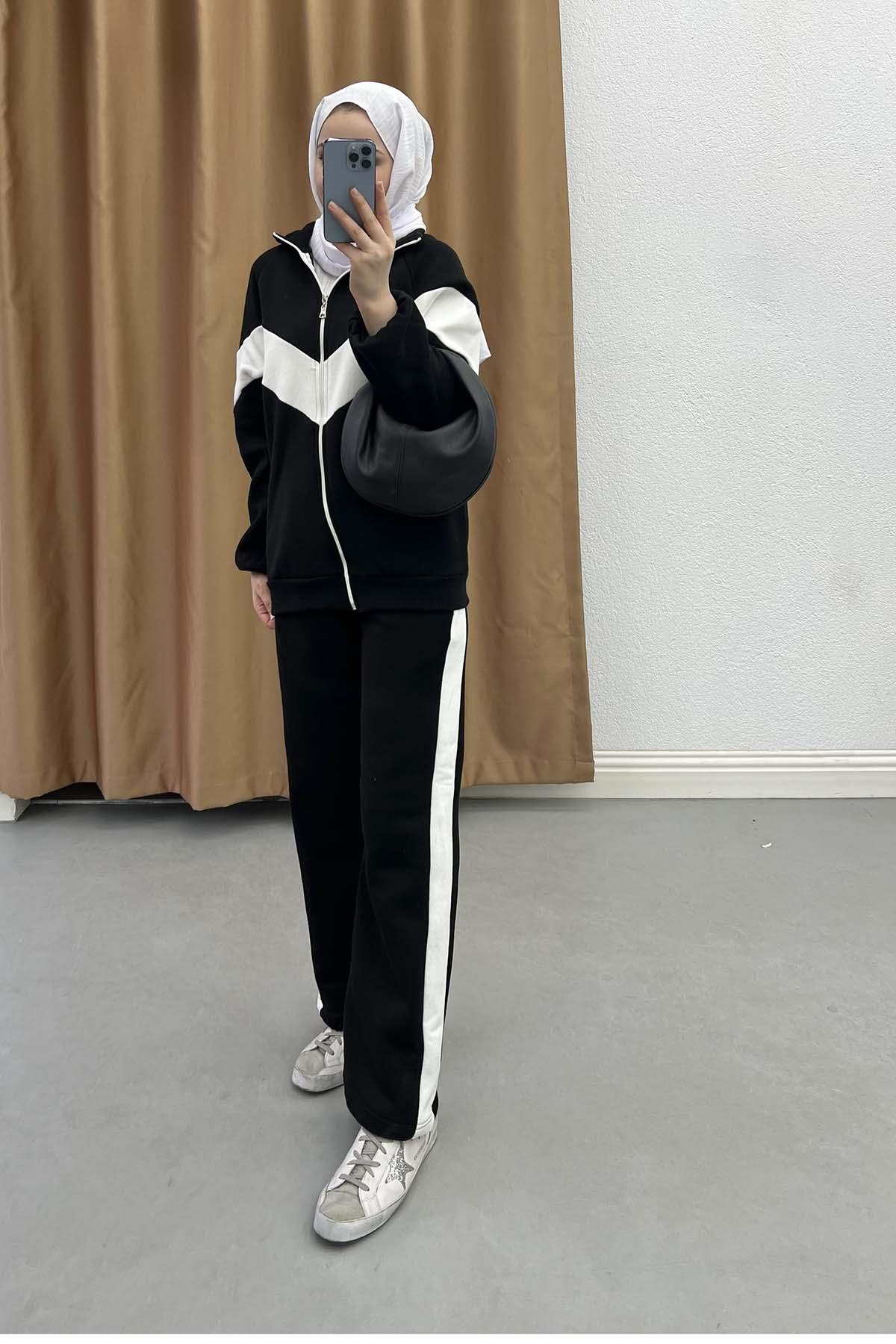 Retro Şeritli Fermuarlı Üç İplik Basic Takım Siyah