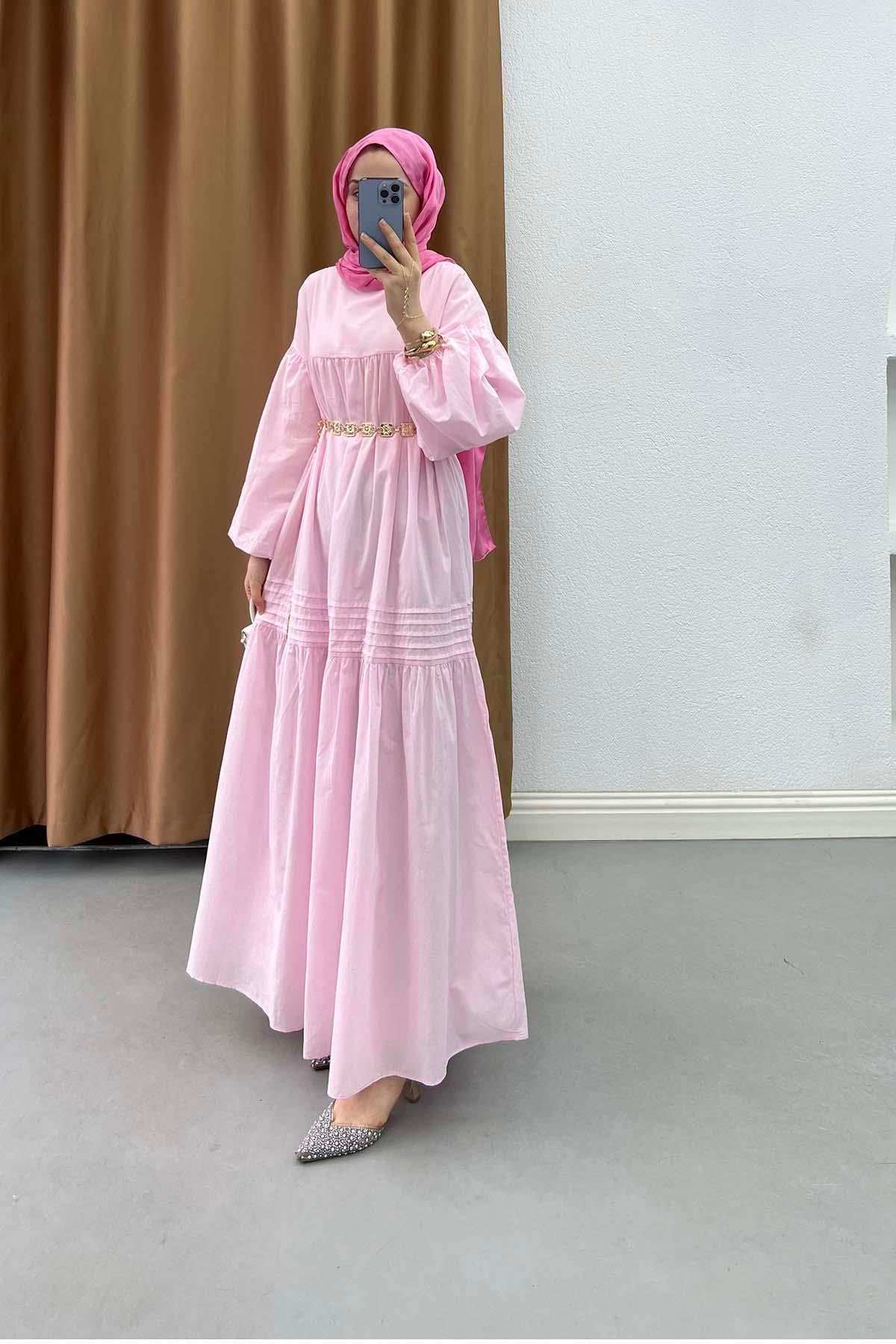 Robalı Volanlı Kemerli Bohem Elbise Pembe
