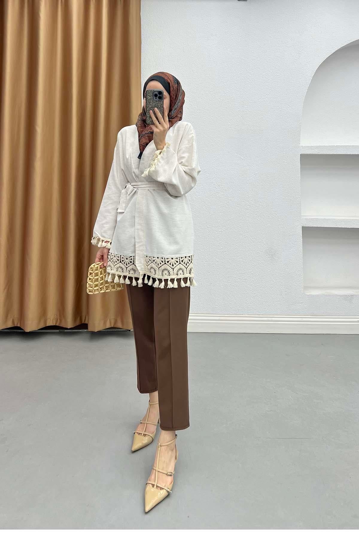 Sahra Desen Kemerli Naturel Keten Kimono Taş