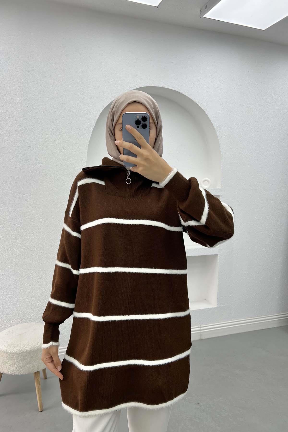 Sakallı Çizgili Triko Tunik Acı Kahve