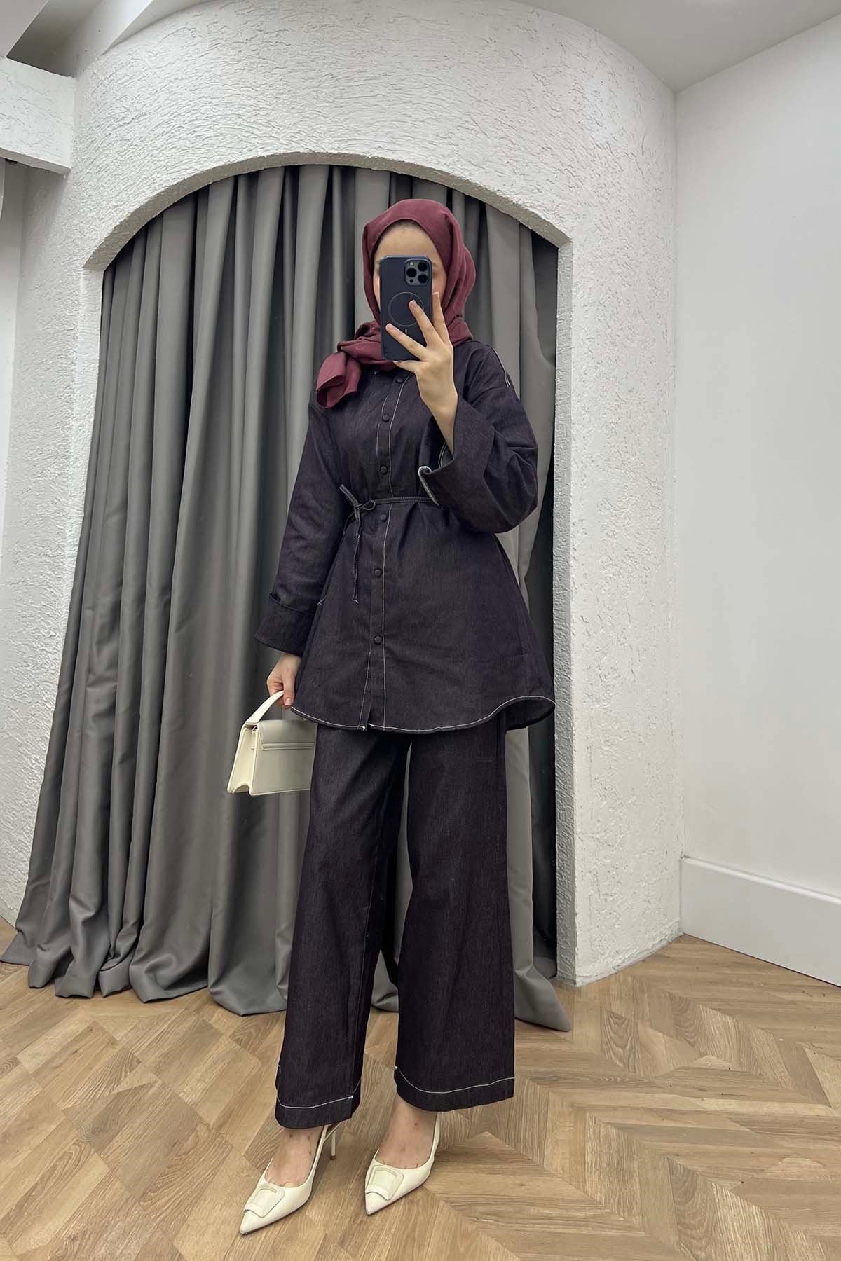 Salaş Kol Bel Bağlamal Pantalonluı Kot Takım Mürdüm