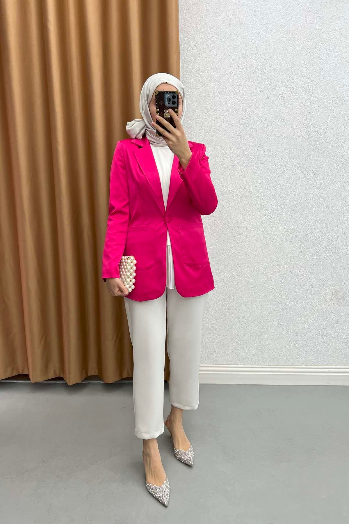 Saten Blazer Ceket Fuşya