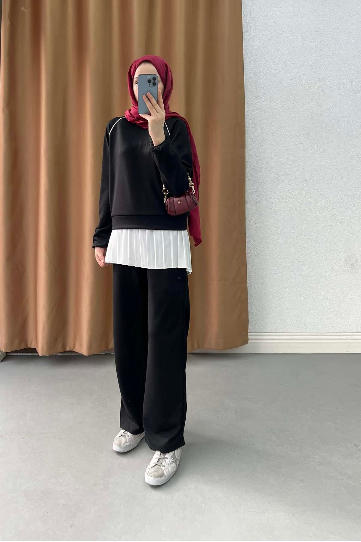 Şerit Detaylı Basic Oysh Takım Siyah