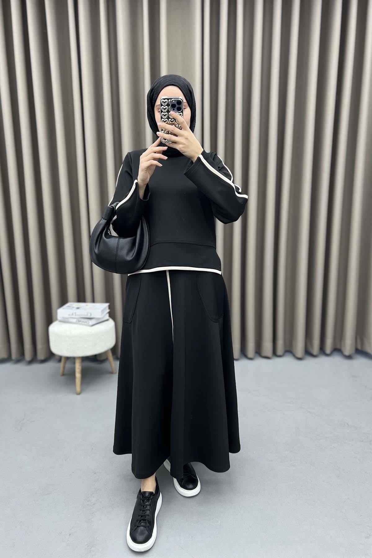 Şeritli Scuba Etek Takım Siyah