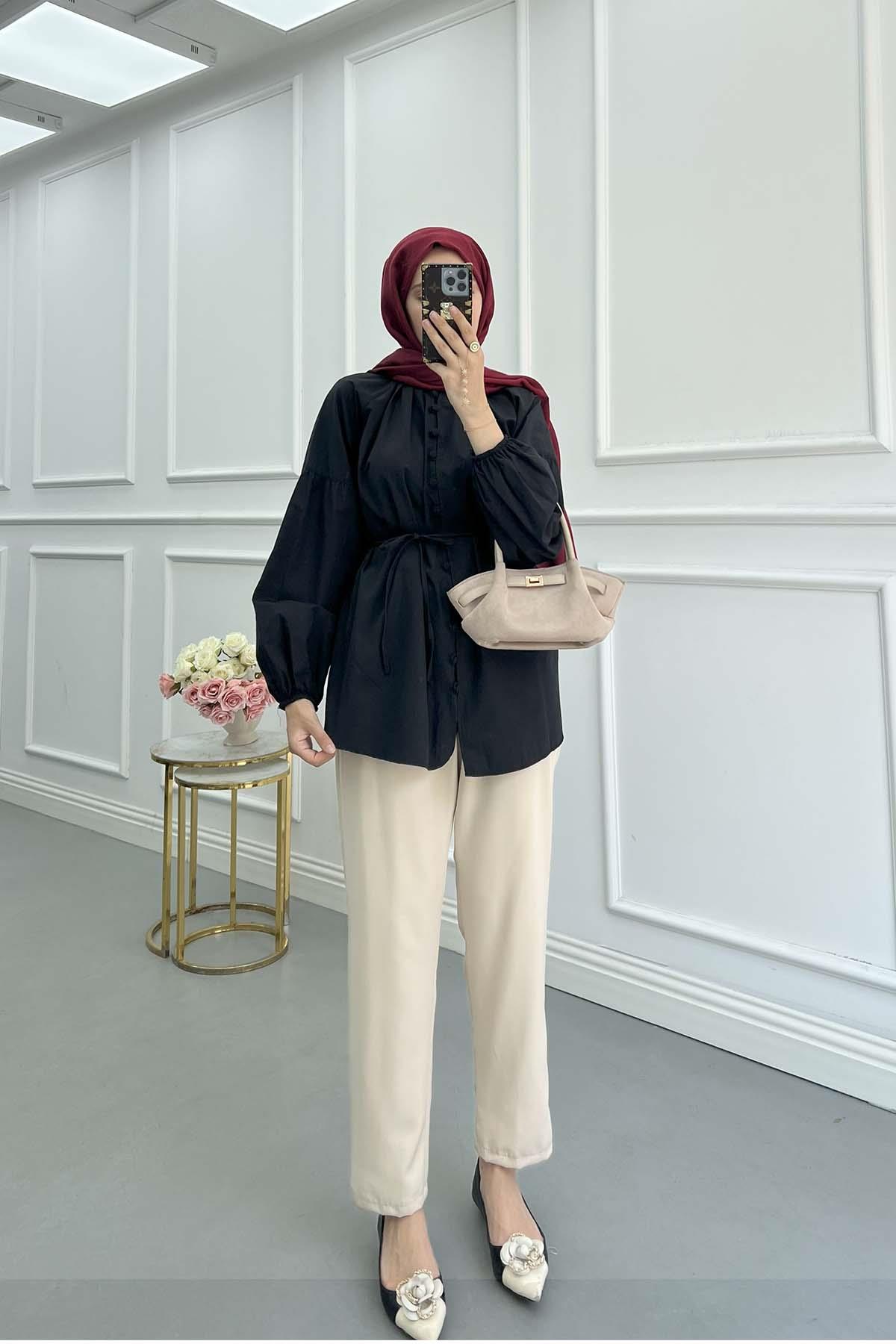 Seyyar Kuşaklı Gömlek Siyah