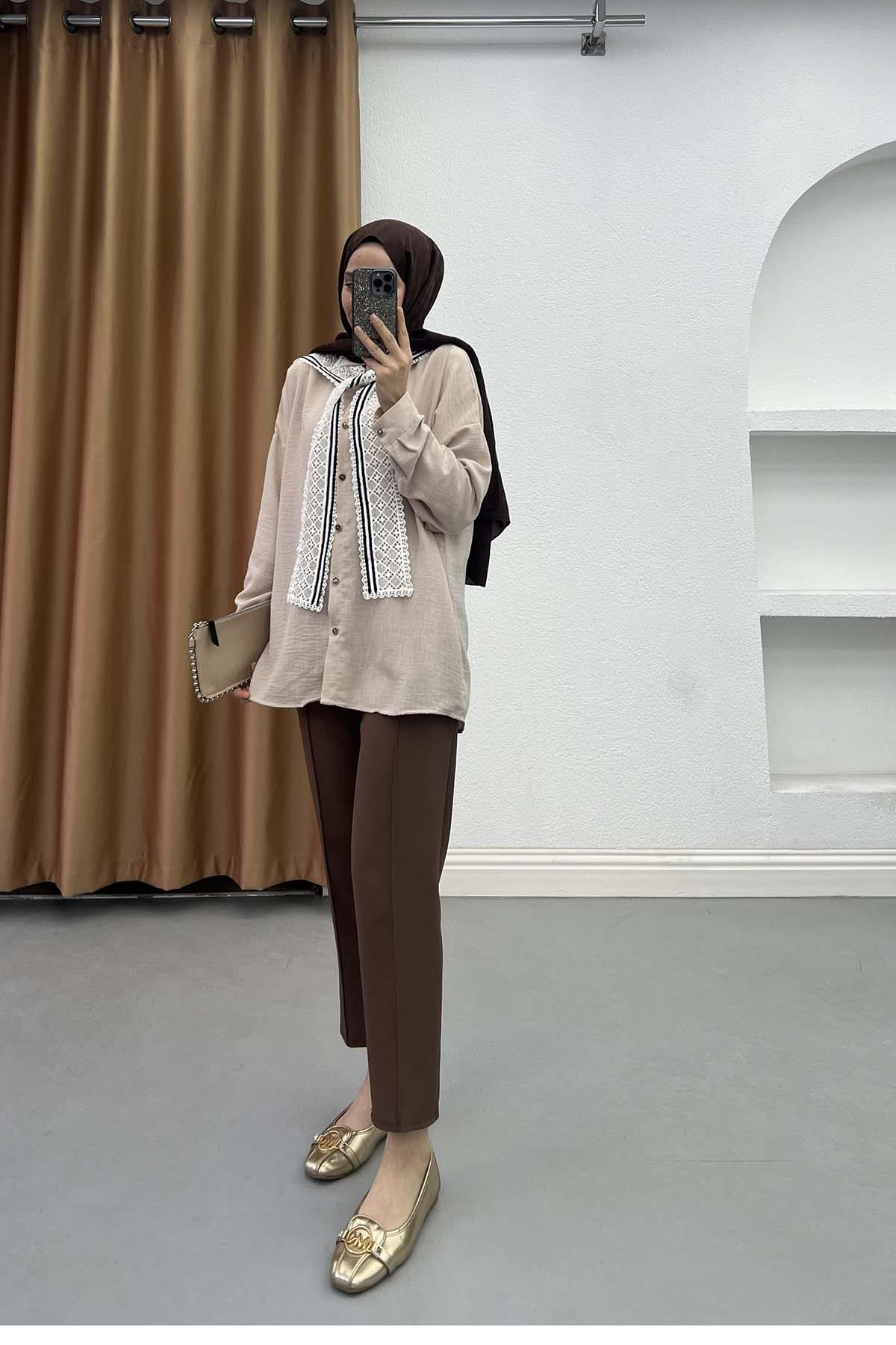 Seyyar Vintage Fularlı Keten Gömlek Taş