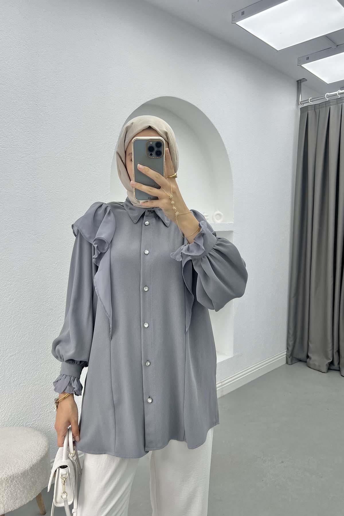 Şifon Detaylı Gömlek Gri