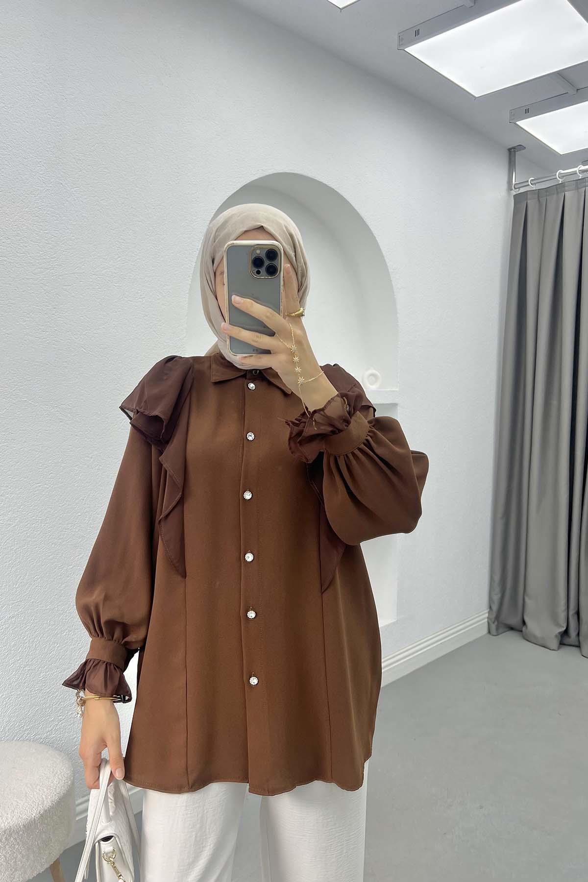 Şifon Detaylı Gömlek Kahve