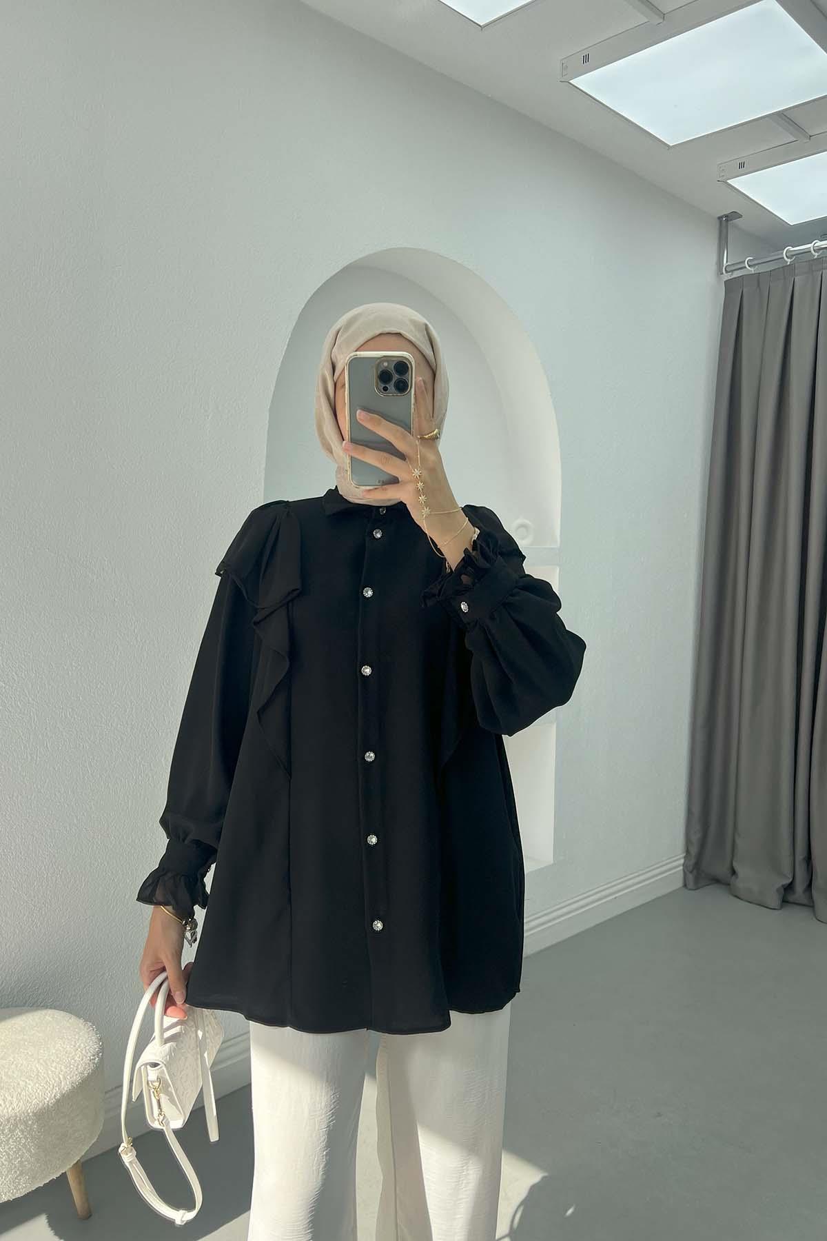 Şifon Detaylı Gömlek Siyah