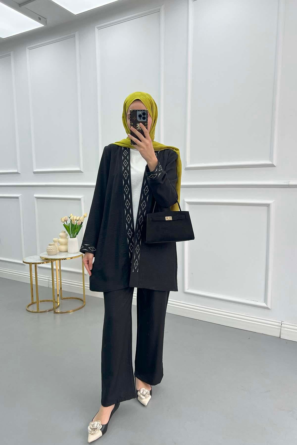 Sim Desenli Üçlü Takım Siyah