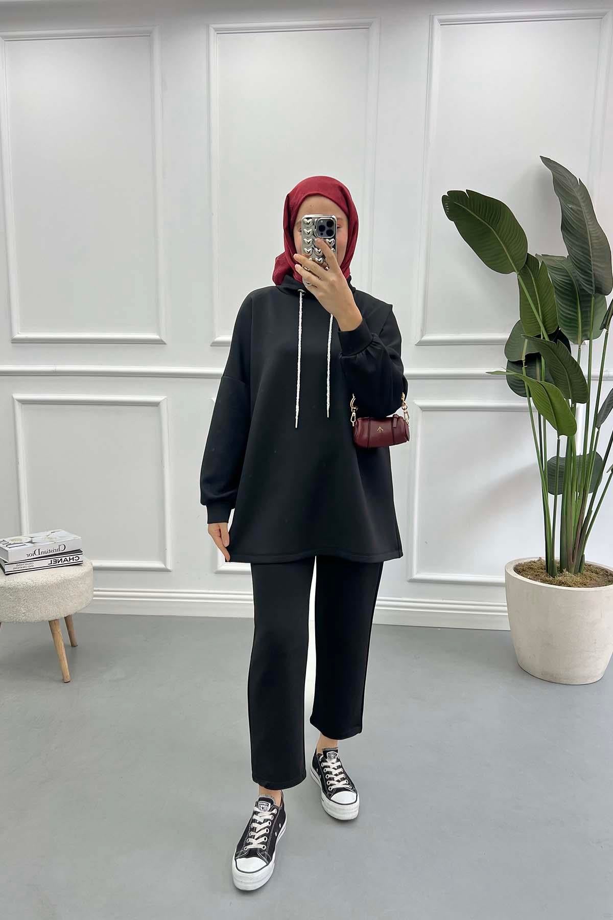 Simli İp Detaylı Pantalonlu Scuba Takım Siyah