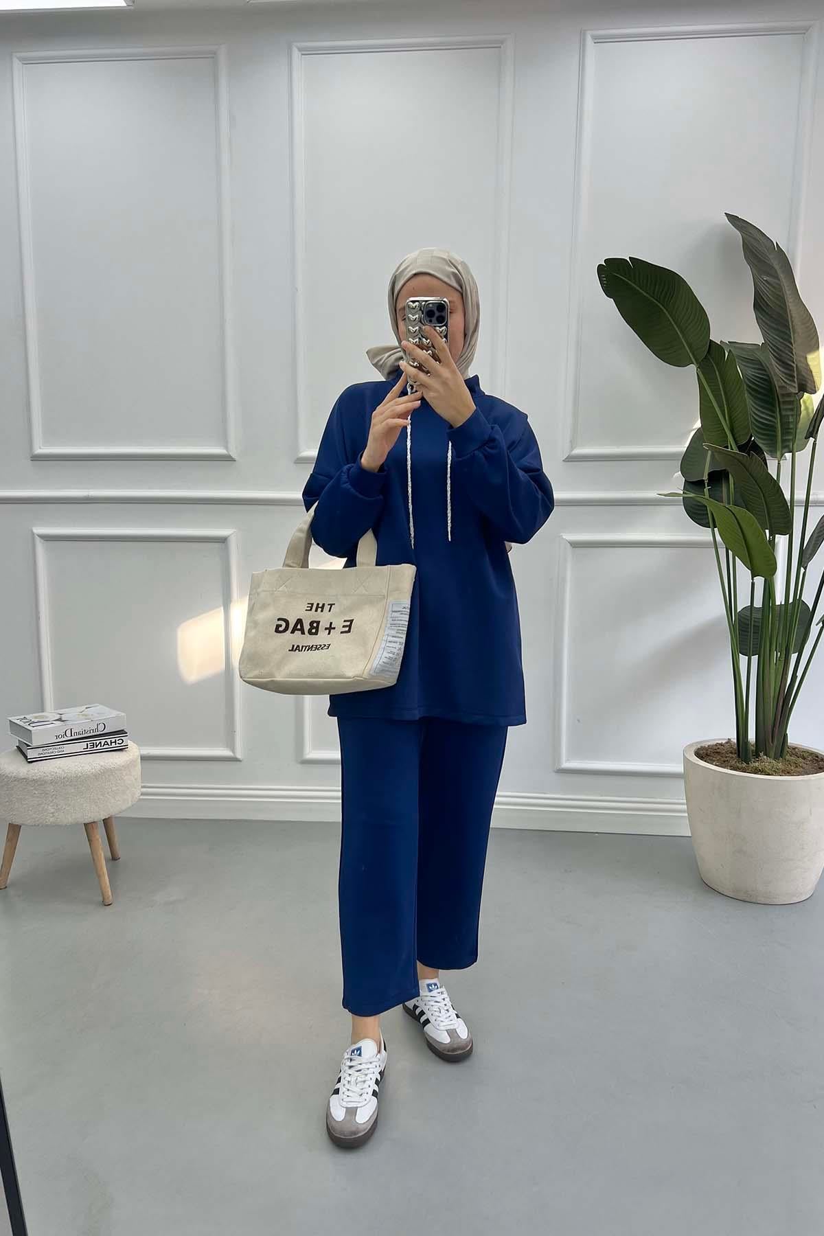 Simli İp Detaylı Pantalonlu Scuba Takım Saks Mavi