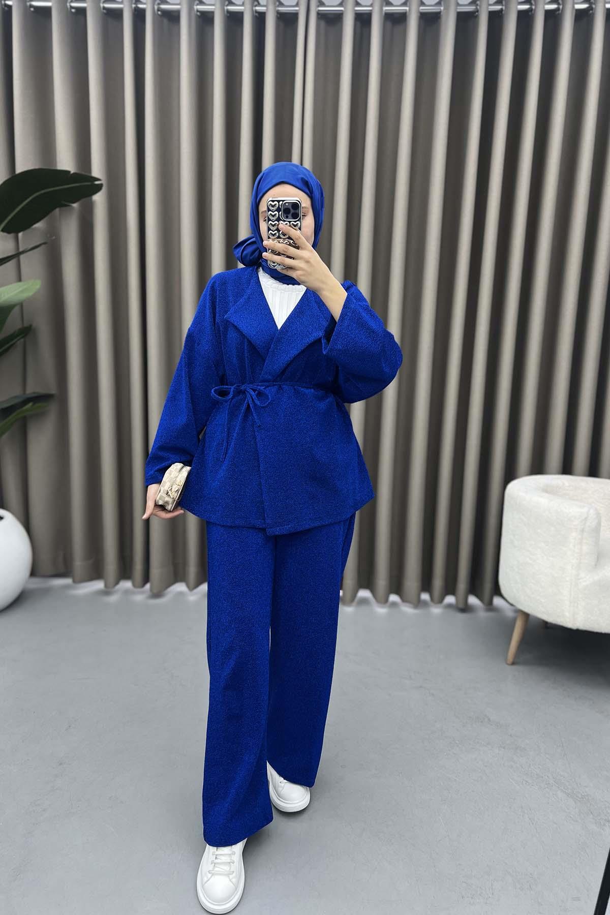 Simli Kimono Takım Saks Mavi