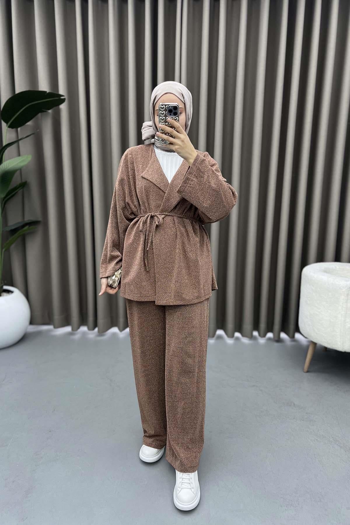 Simli Kimono Takım Sütlü Kahve