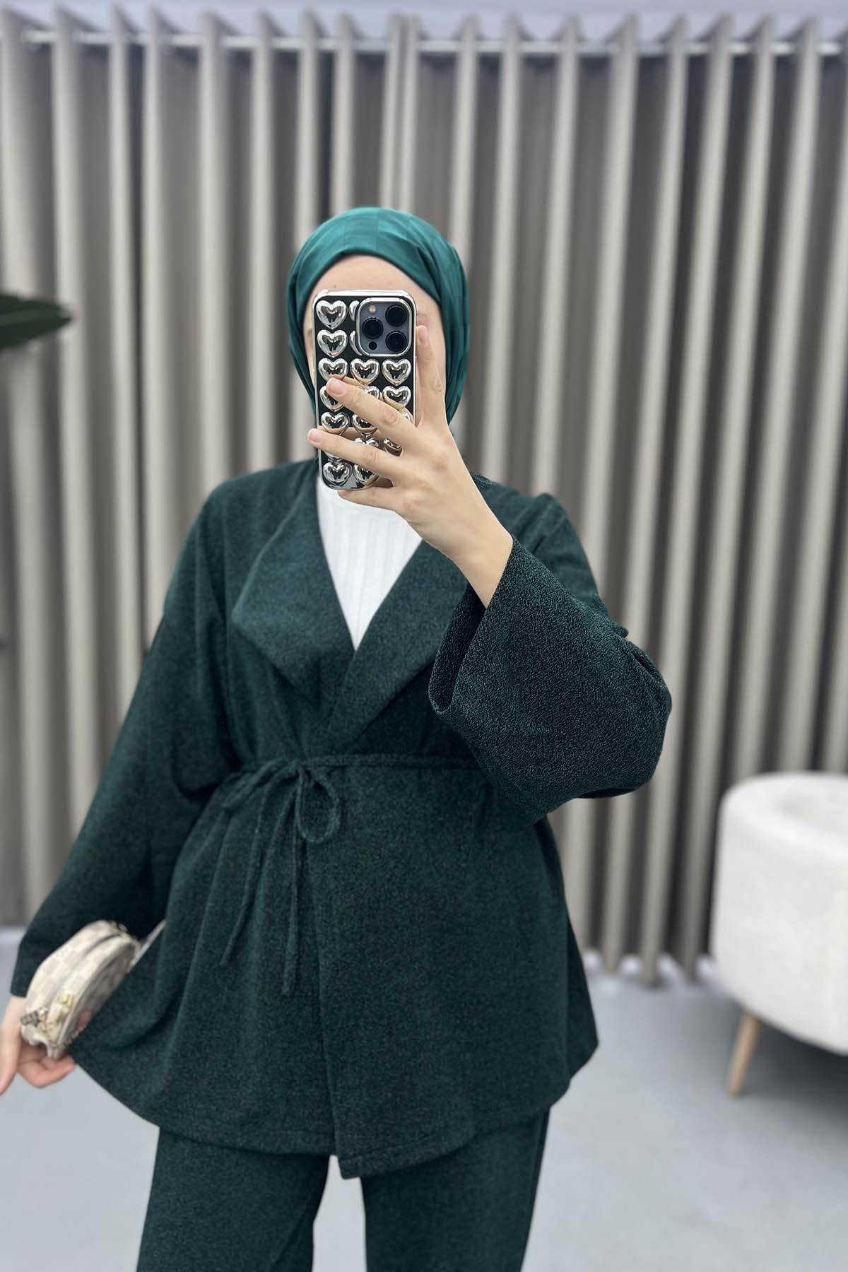 Simli Kimono Takım Zümrüt Yeşili