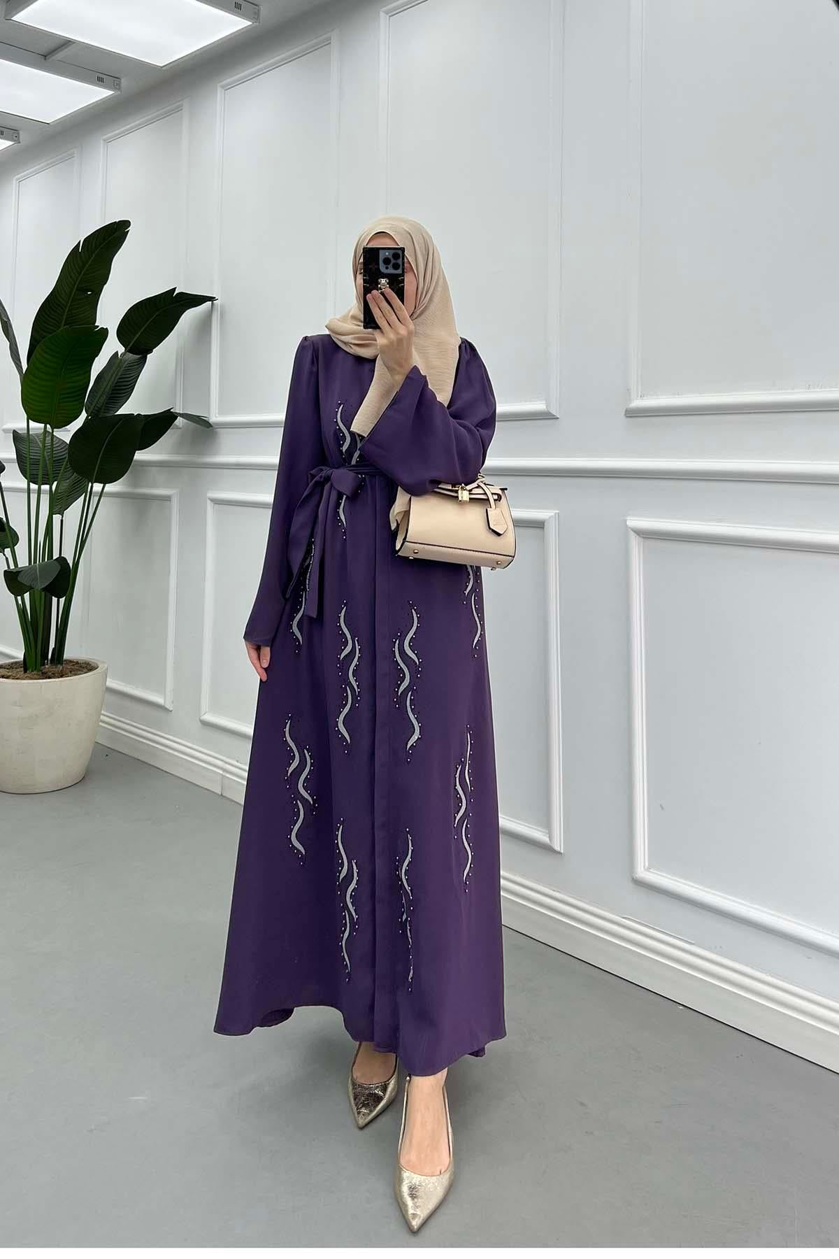 Sırma İşlemeli Kuşaklı Kaftan Elbise Mor