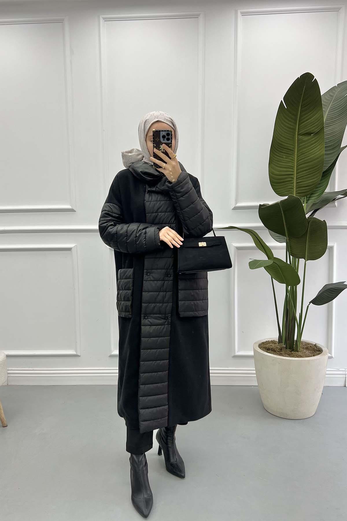 Şişme Detaylı Kaşe Kaban Siyah