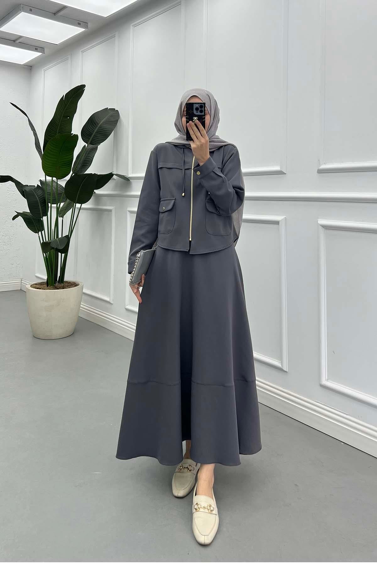 Soft-Touch Kapüşonlu Fermuarlı Double Takım Gri