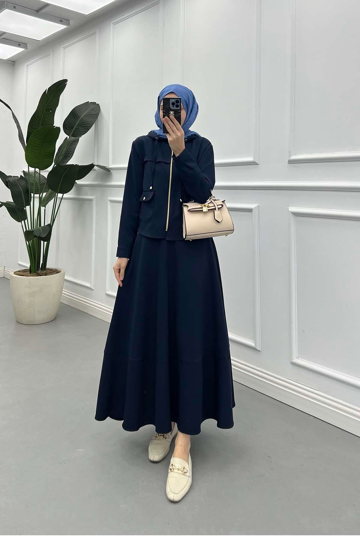 Soft-Touch Kapüşonlu Fermuarlı Double Takım Lacivert