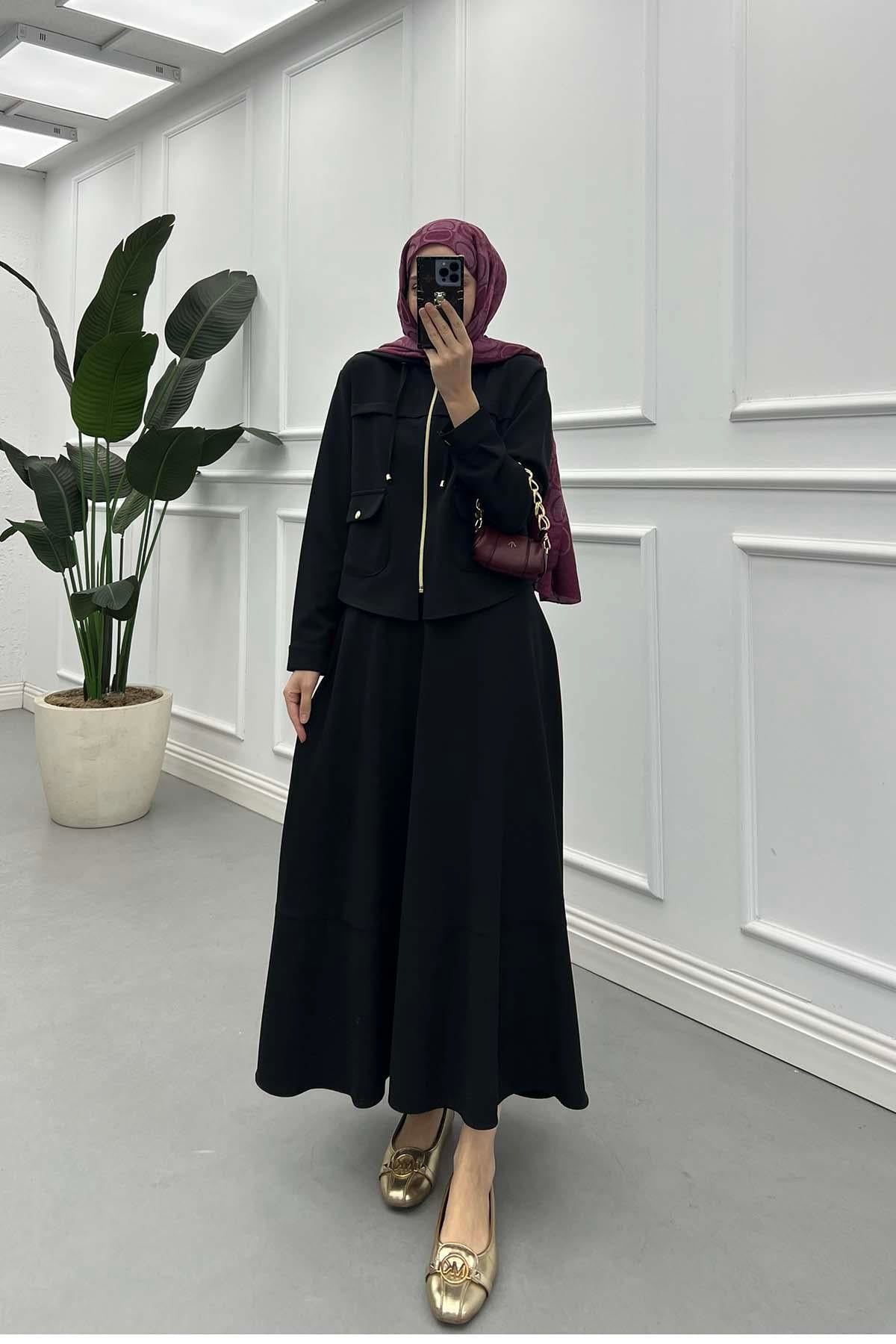 Soft-Touch Kapüşonlu Fermuarlı Double Takım Siyah