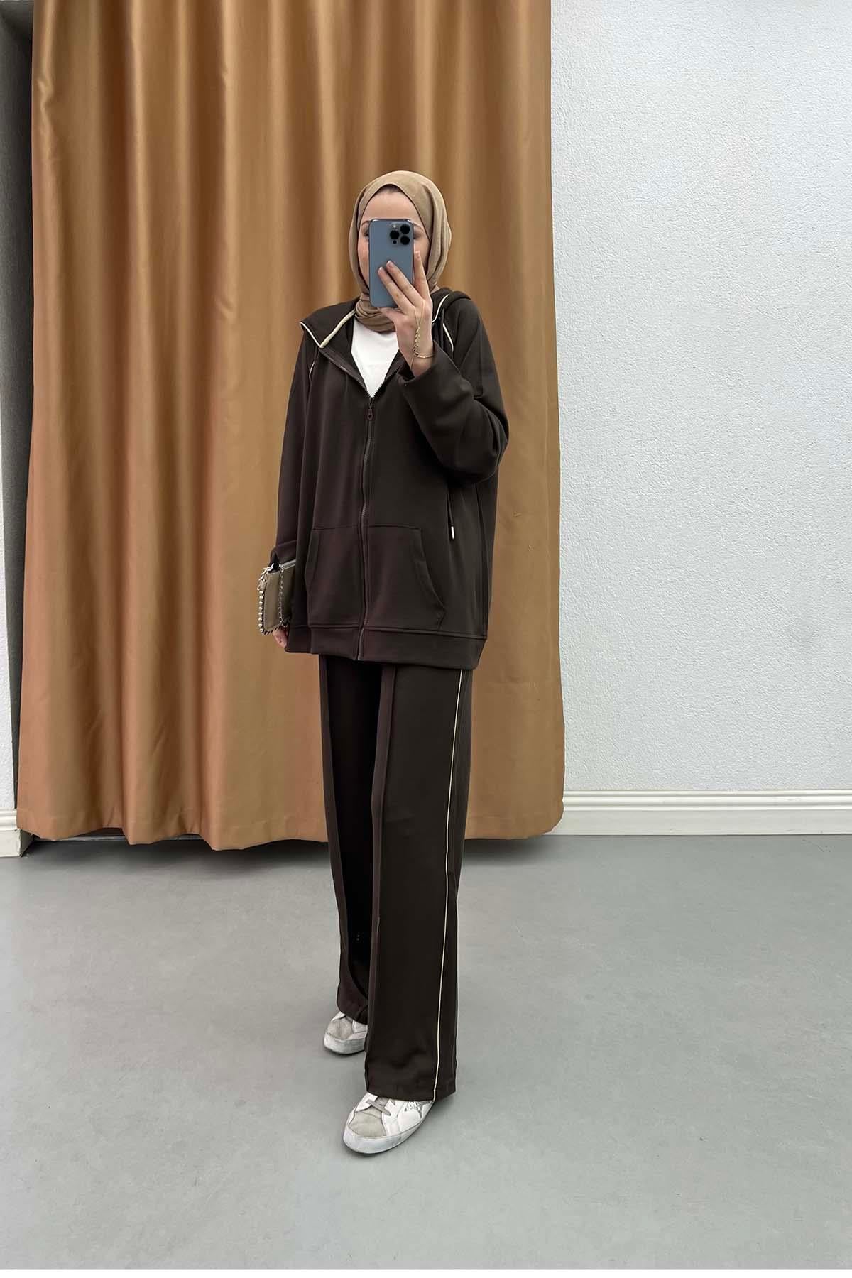 Sportif Şeritli Hoodie Takım Kahve