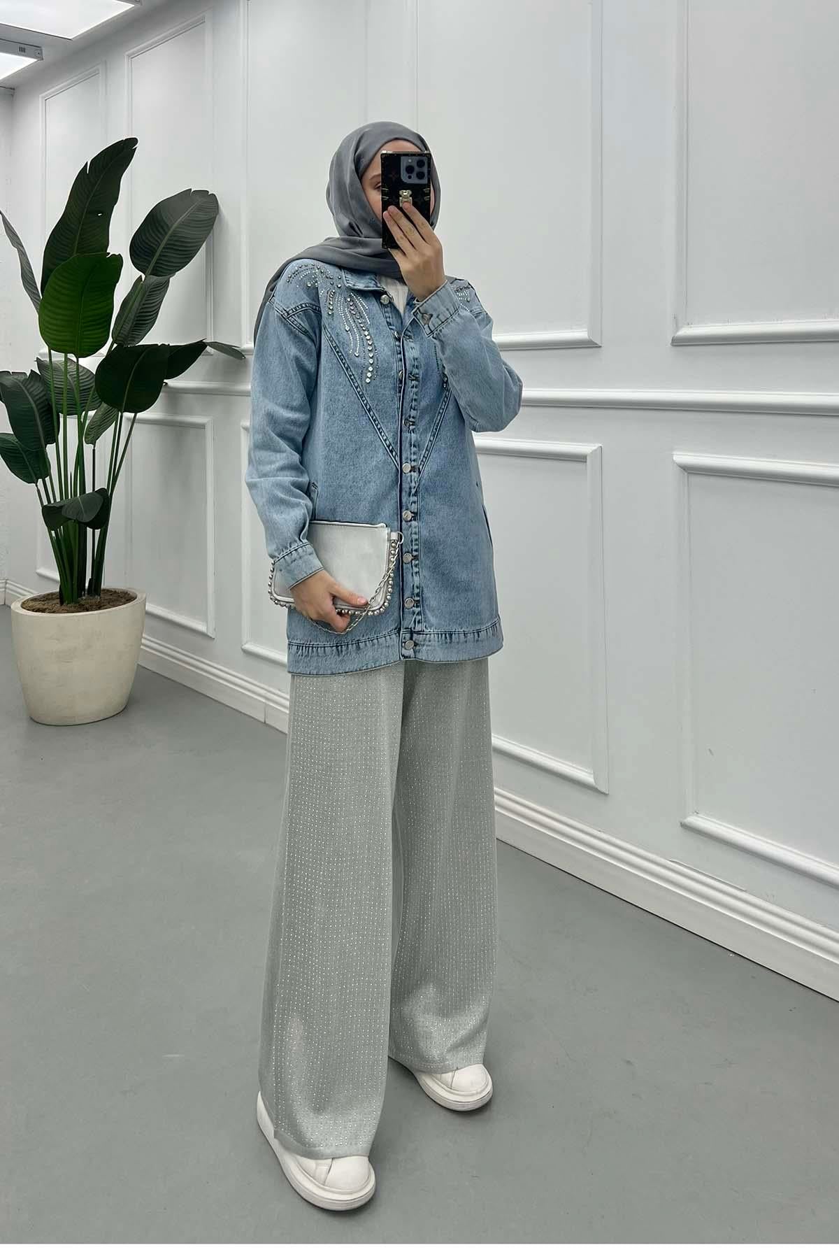 Starlight Taşlı Denim Ceket Mavi