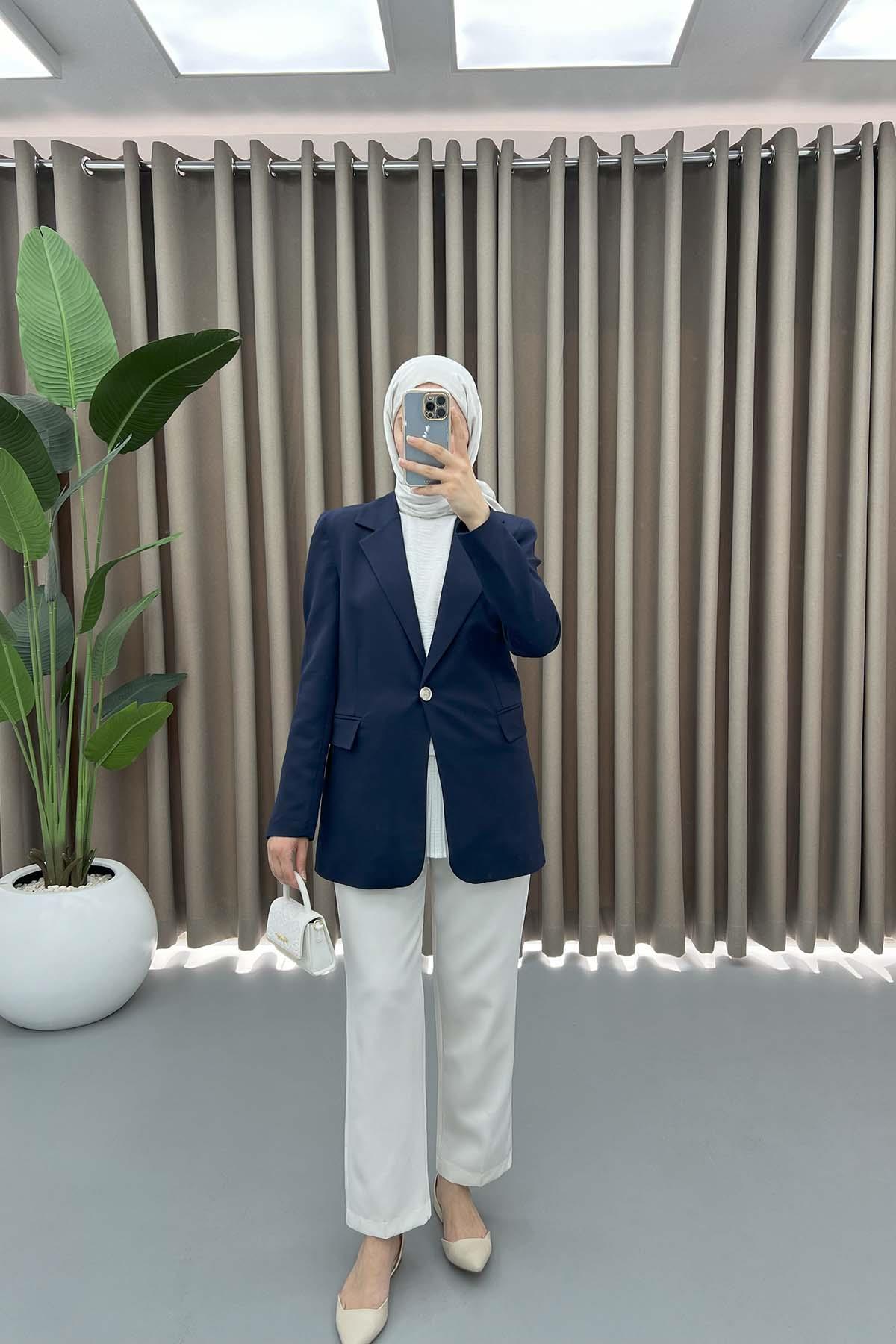 Süs Cepli Ceket Lacivert