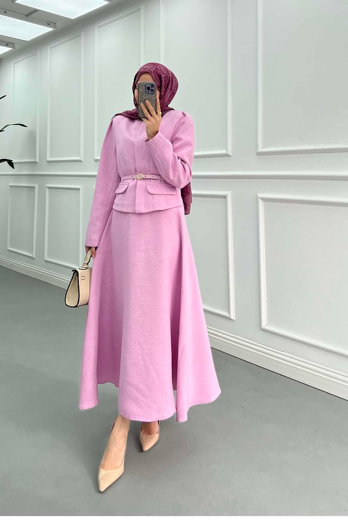 Süs Cepli Seyyar Kemerli Modern Tasarım Keten Takım Pembe