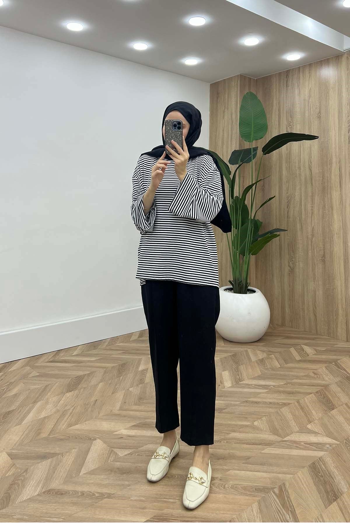 Süs Düğmeli Bel Lastikli Spor Pamuk Pantalon Siyah