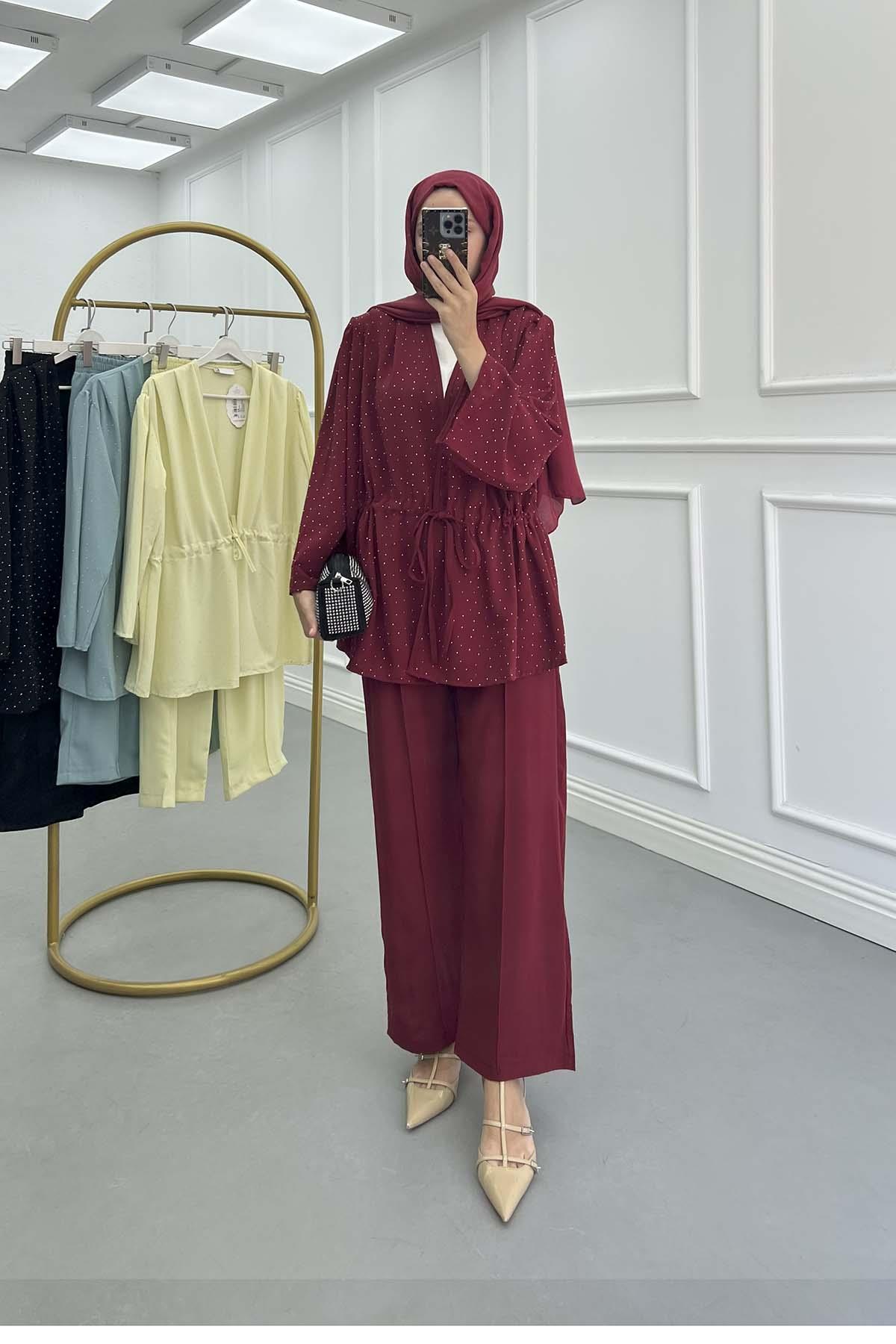 Taş Detaylı Bağlamalı Takım Bordo