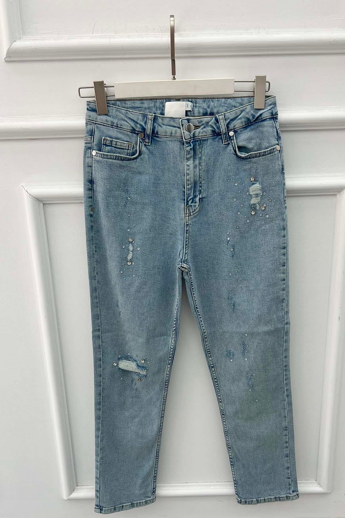 Taş Detaylı Eskitme Kot Pantolon Buz Mavi