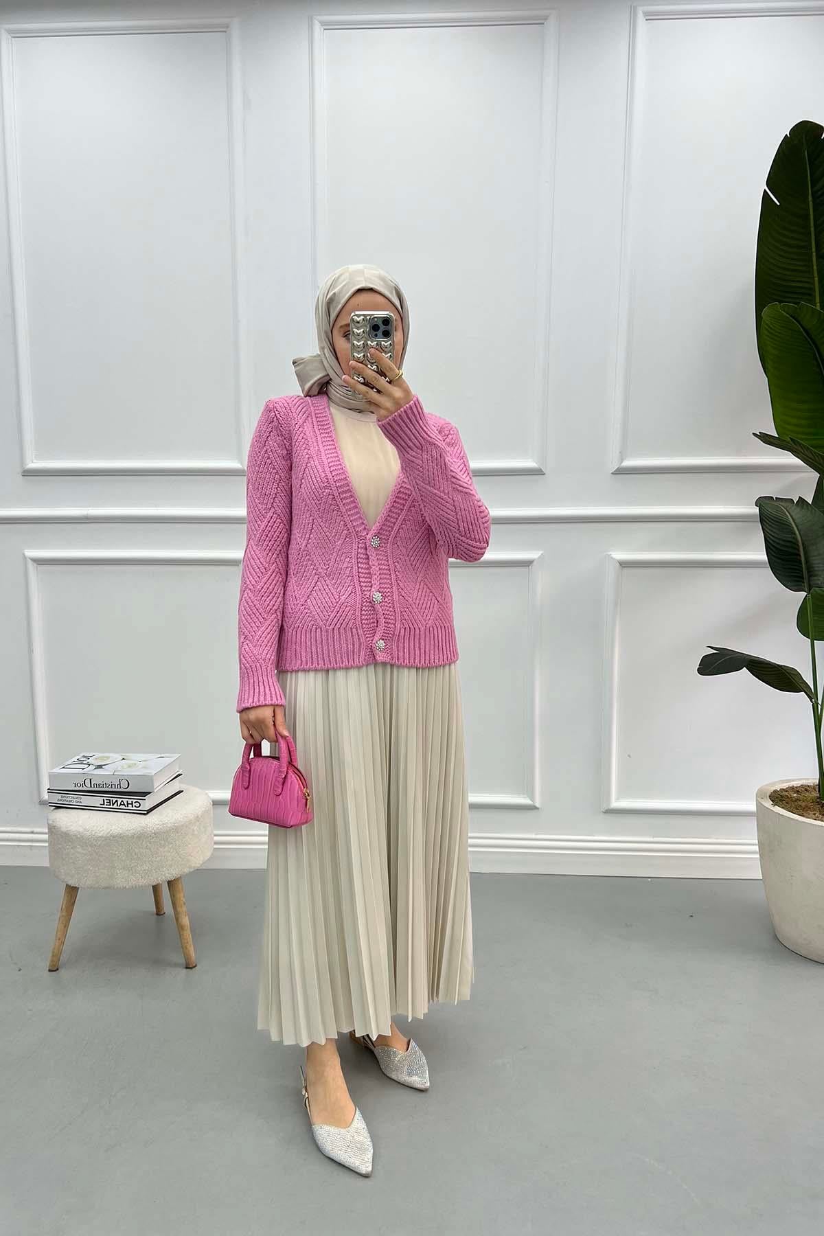 Taş Düğmeli Örgü Hırka Pembe