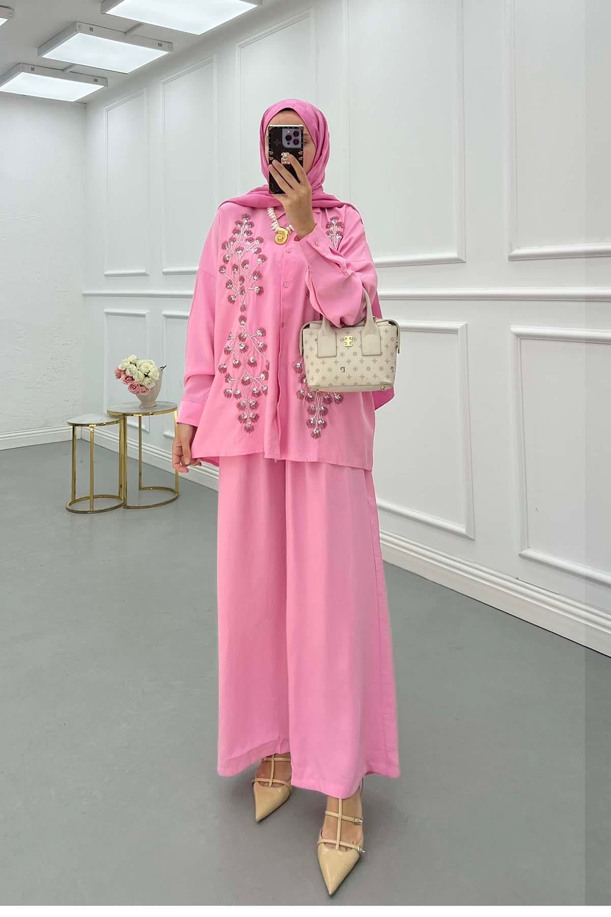 Taş İşlemeli Gömlek Takım Pembe
