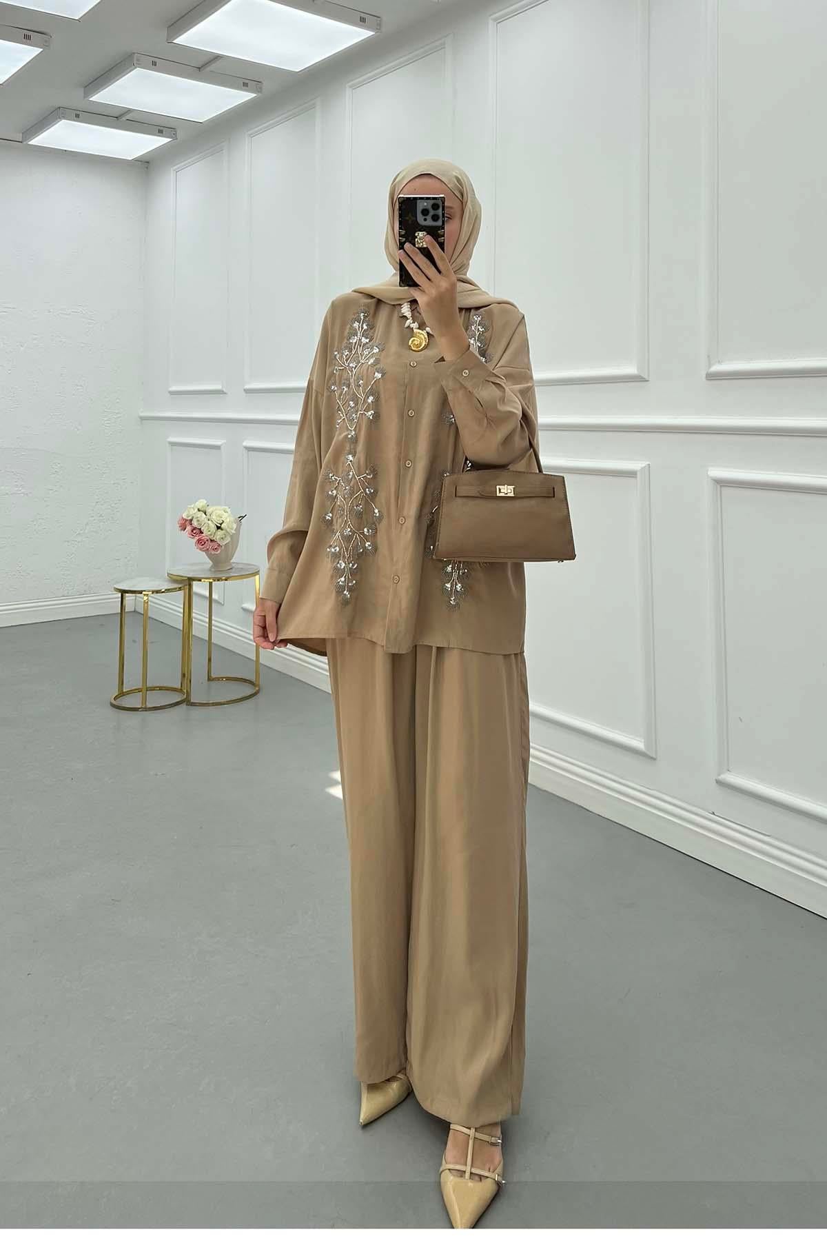 Taş İşlemeli Gömlek Takım Sütlü Kahve