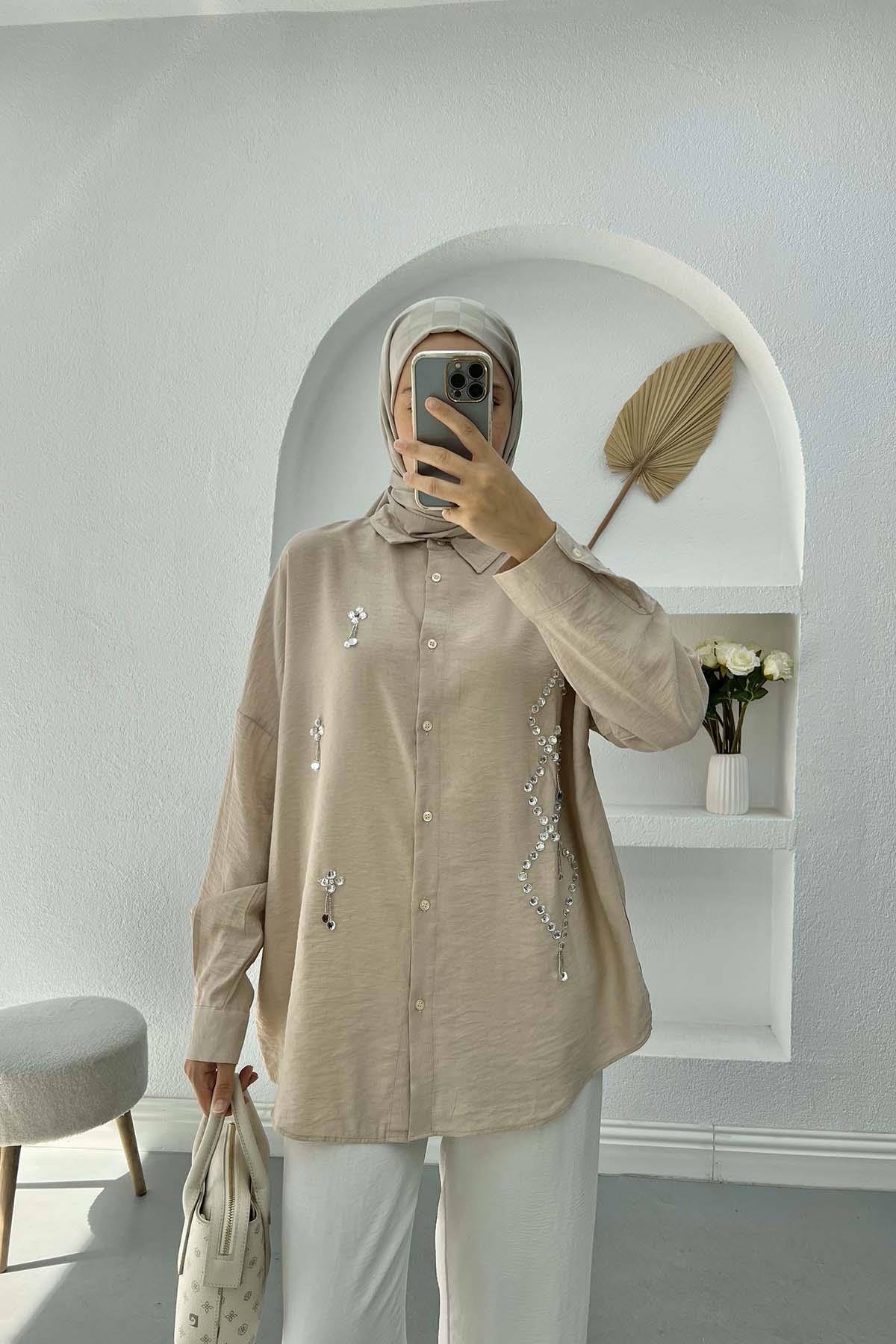 Taş İşlemeli Oversize Gömlek Bej