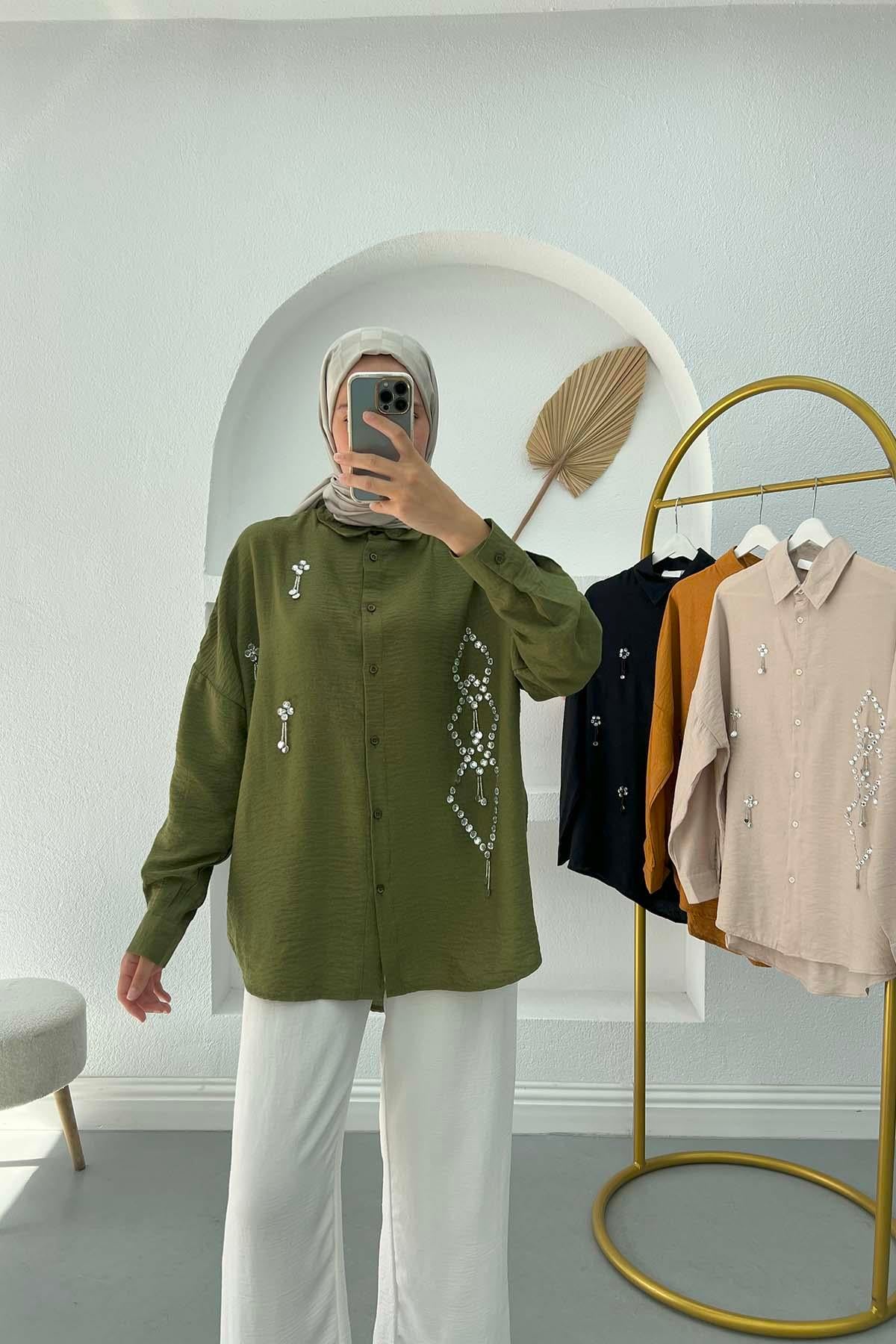 Taş İşlemeli Oversize Gömlek Haki