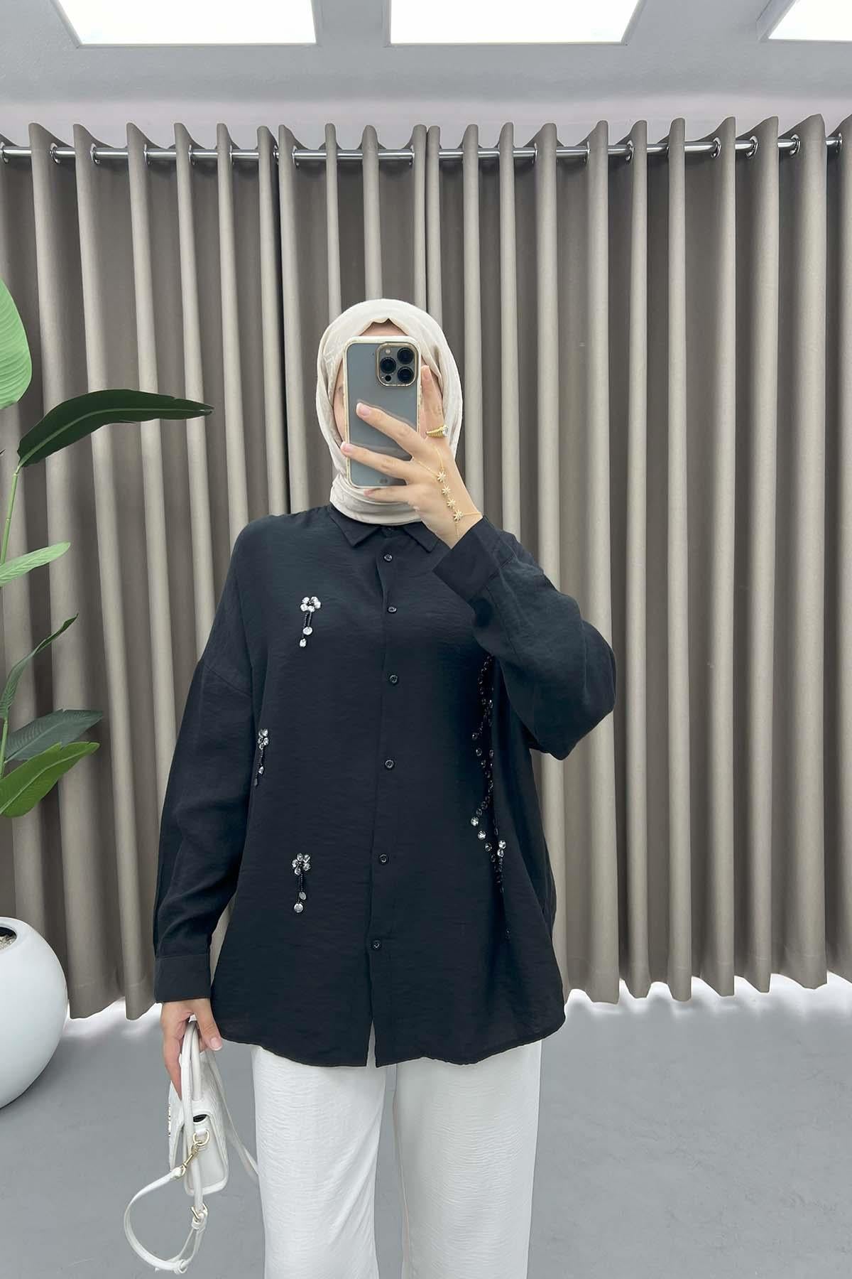 Taş İşlemeli Oversize Gömlek Siyah