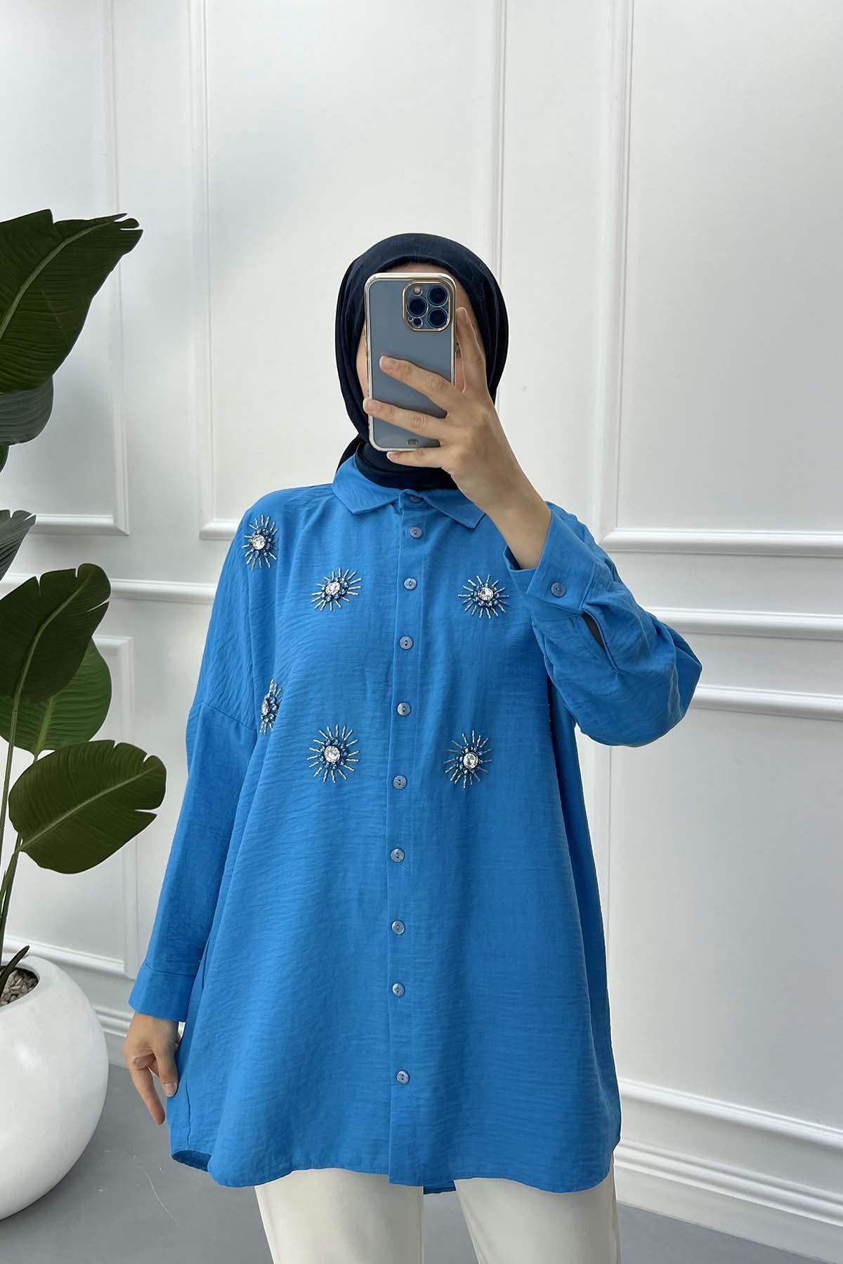 Taş İşlemeli Ovesize Gömlek Mavi